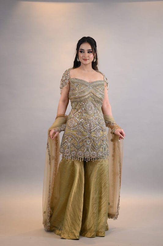 Sharara Set: Olive Gold Embellished Designer Kurta with Dupatta