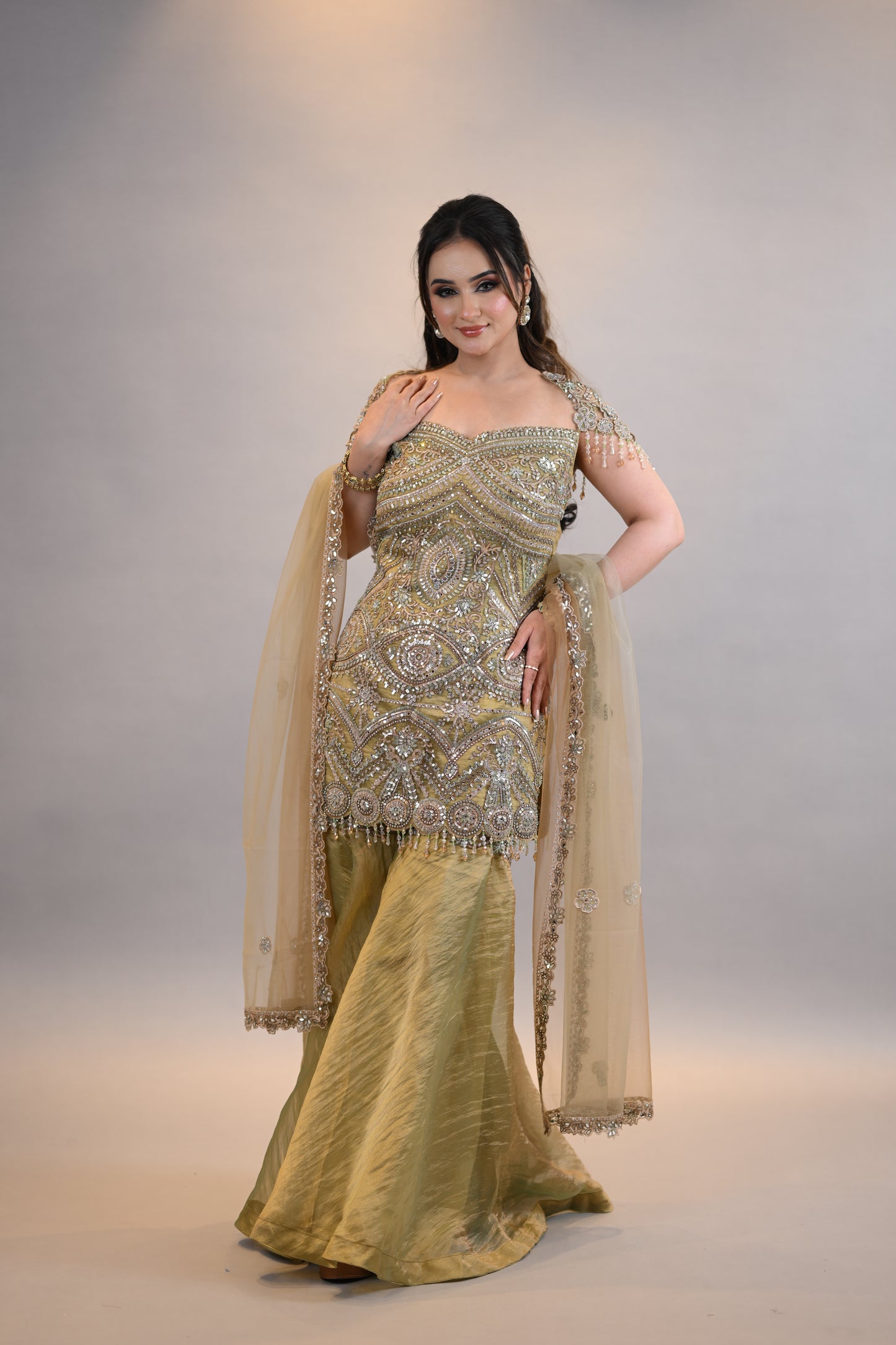 Sharara Set: Olive Gold Embellished Designer Kurta with Dupatta