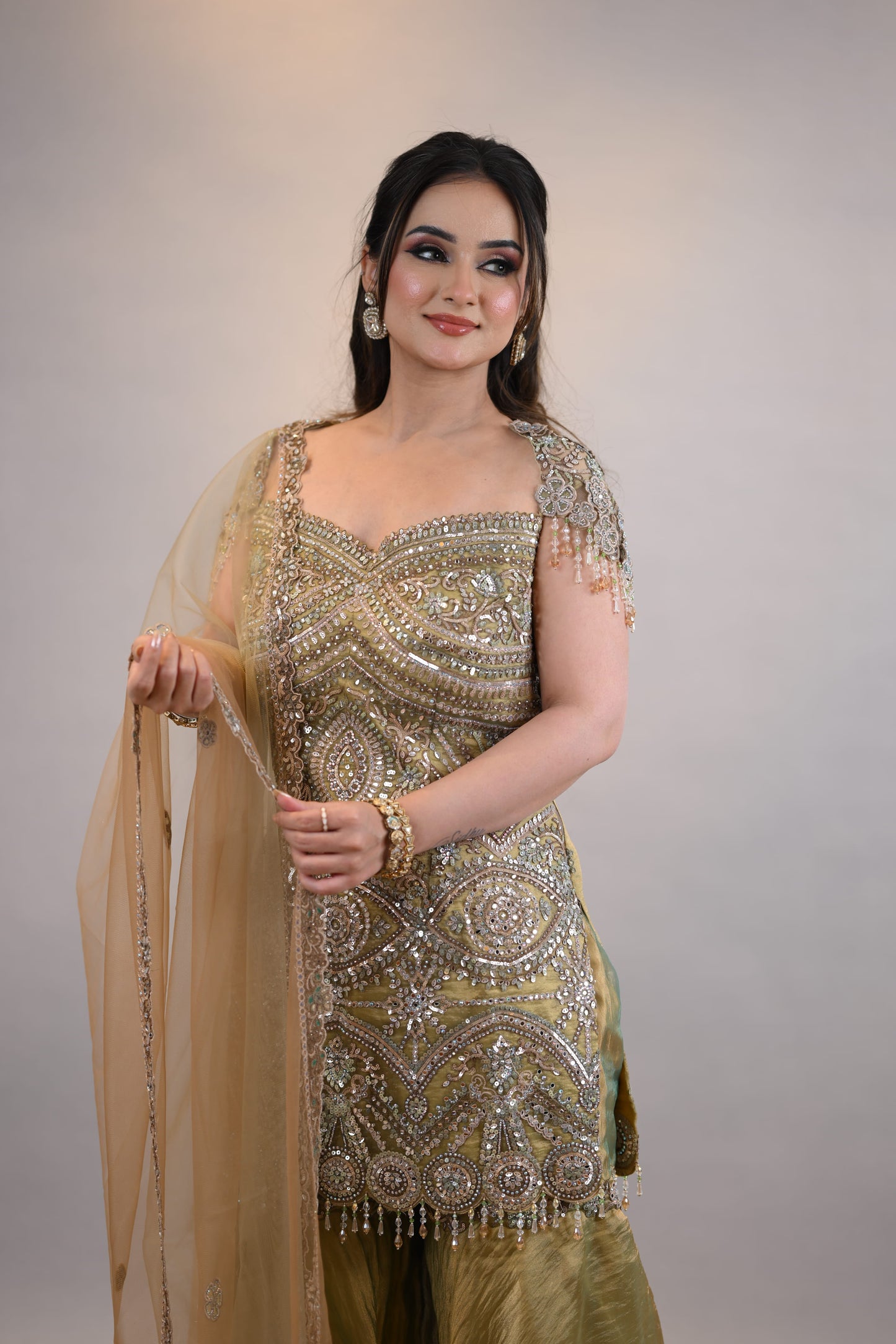 Sharara Set: Olive Gold Embellished Designer Kurta with Dupatta