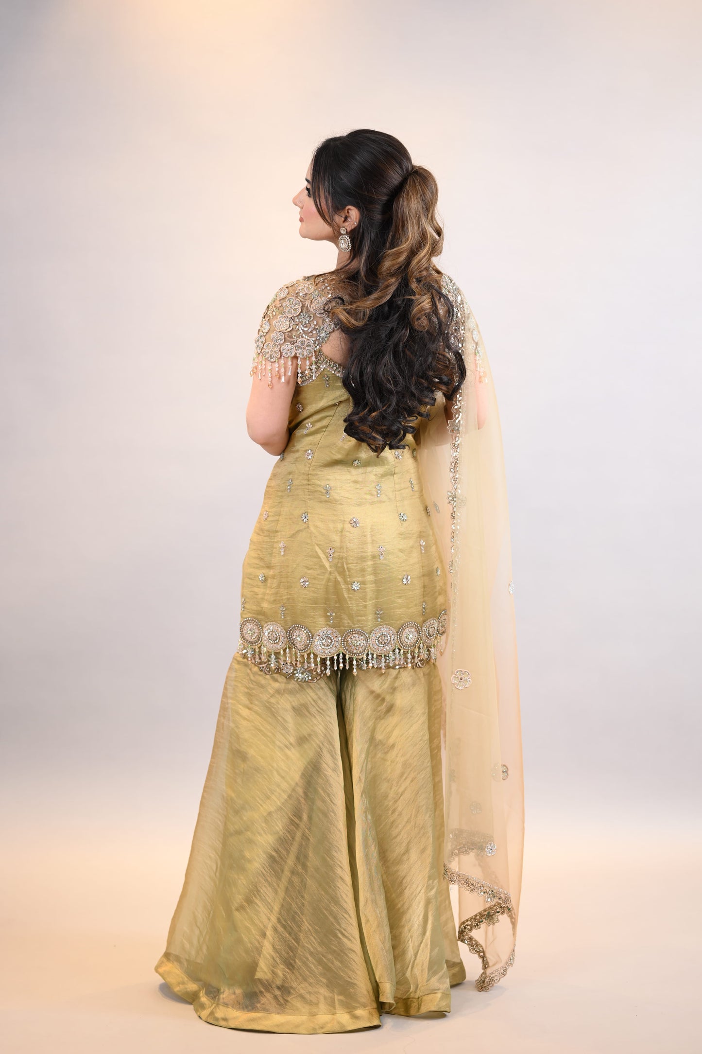 Sharara Set: Olive Gold Embellished Designer Kurta with Dupatta