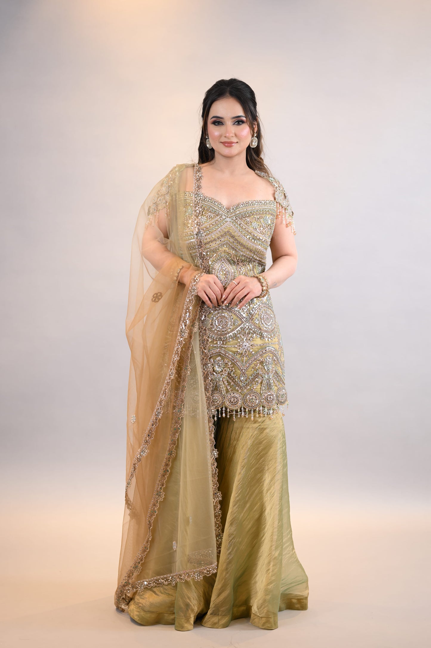 Sharara Set: Olive Gold Embellished Designer Kurta with Dupatta
