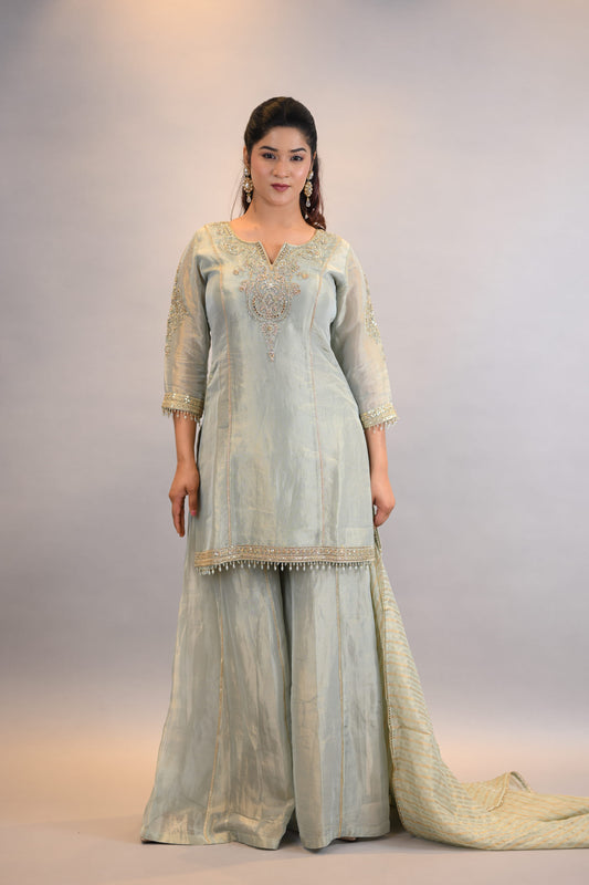 Sharara Suit : Mint Green Embroidered Straight Shirt  with Palazzo & Dupatta