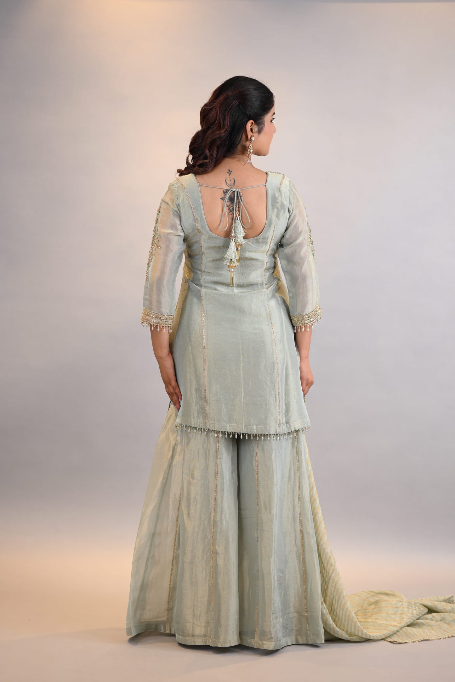 Sharara Suit : Mint Green Embroidered Straight Shirt  with Palazzo & Dupatta