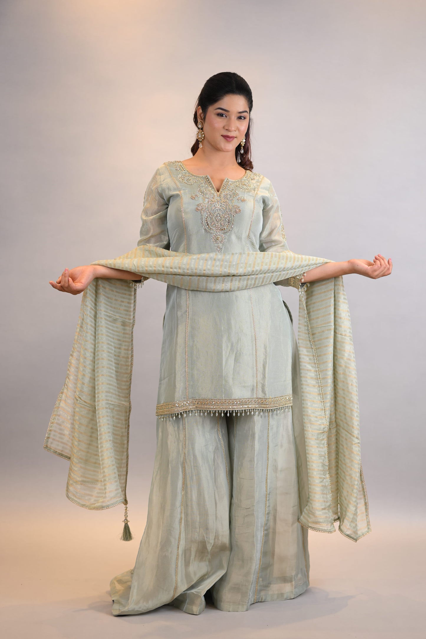 Sharara Suit : Mint Green Embroidered Straight Shirt  with Palazzo & Dupatta