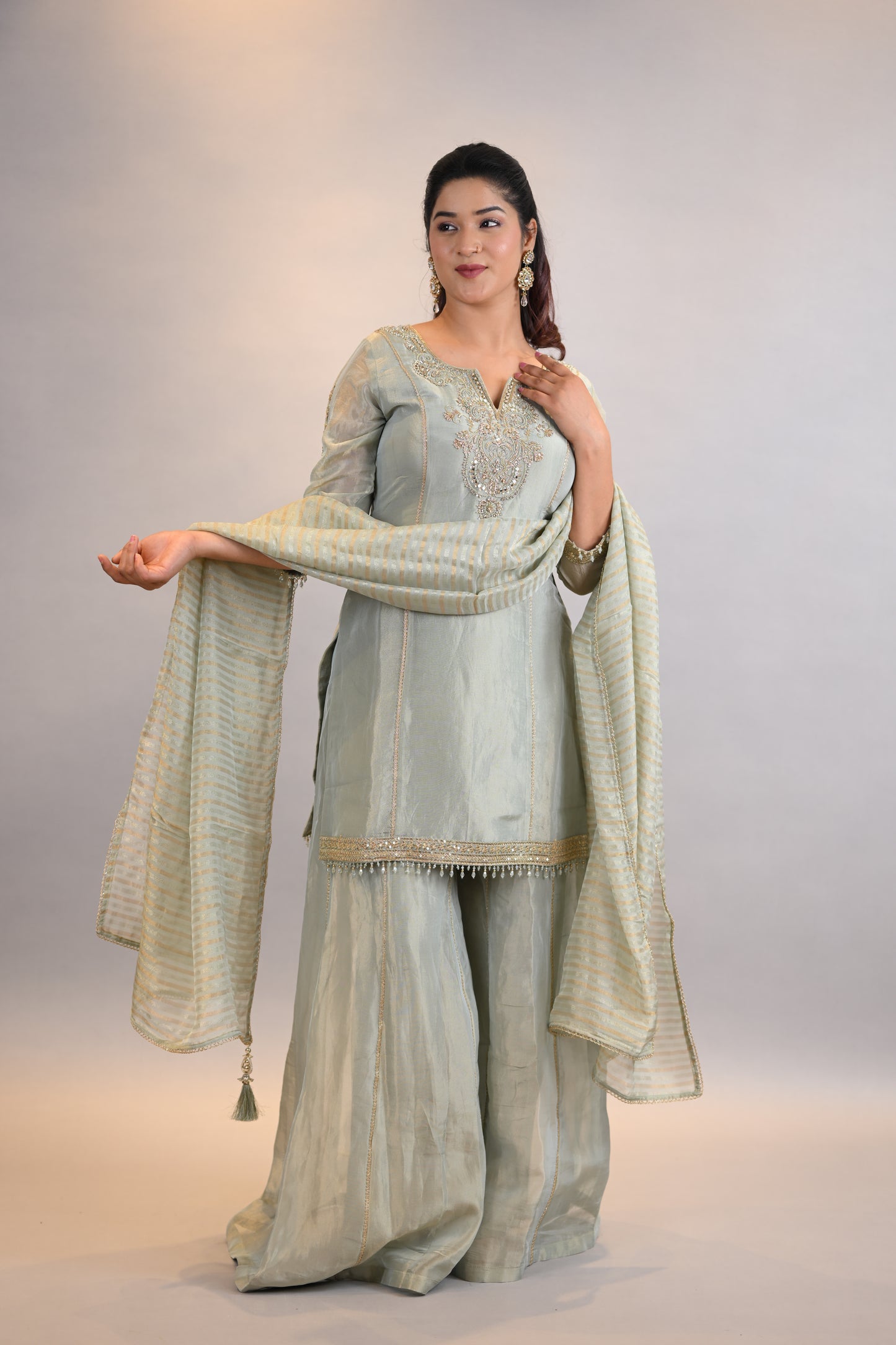 Sharara Suit : Mint Green Embroidered Straight Shirt  with Palazzo & Dupatta