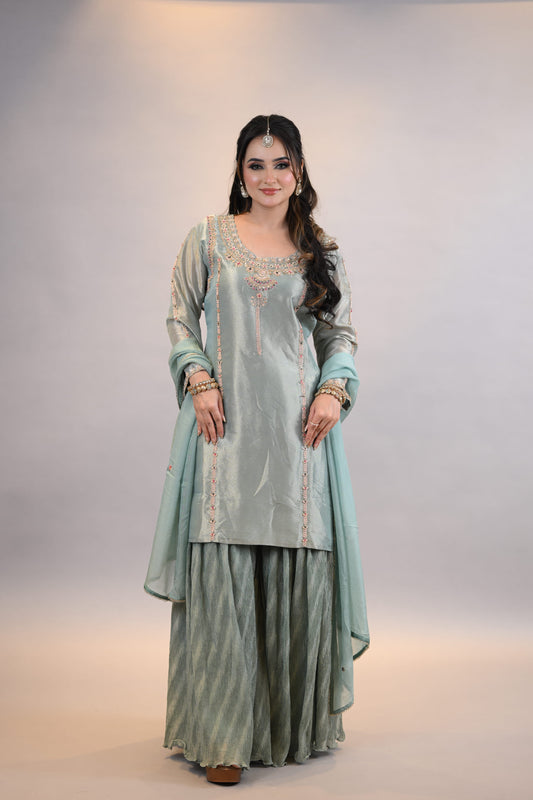 Sharara Suit : Sage Green Embroidered shirt  with Sharara & Dupatta