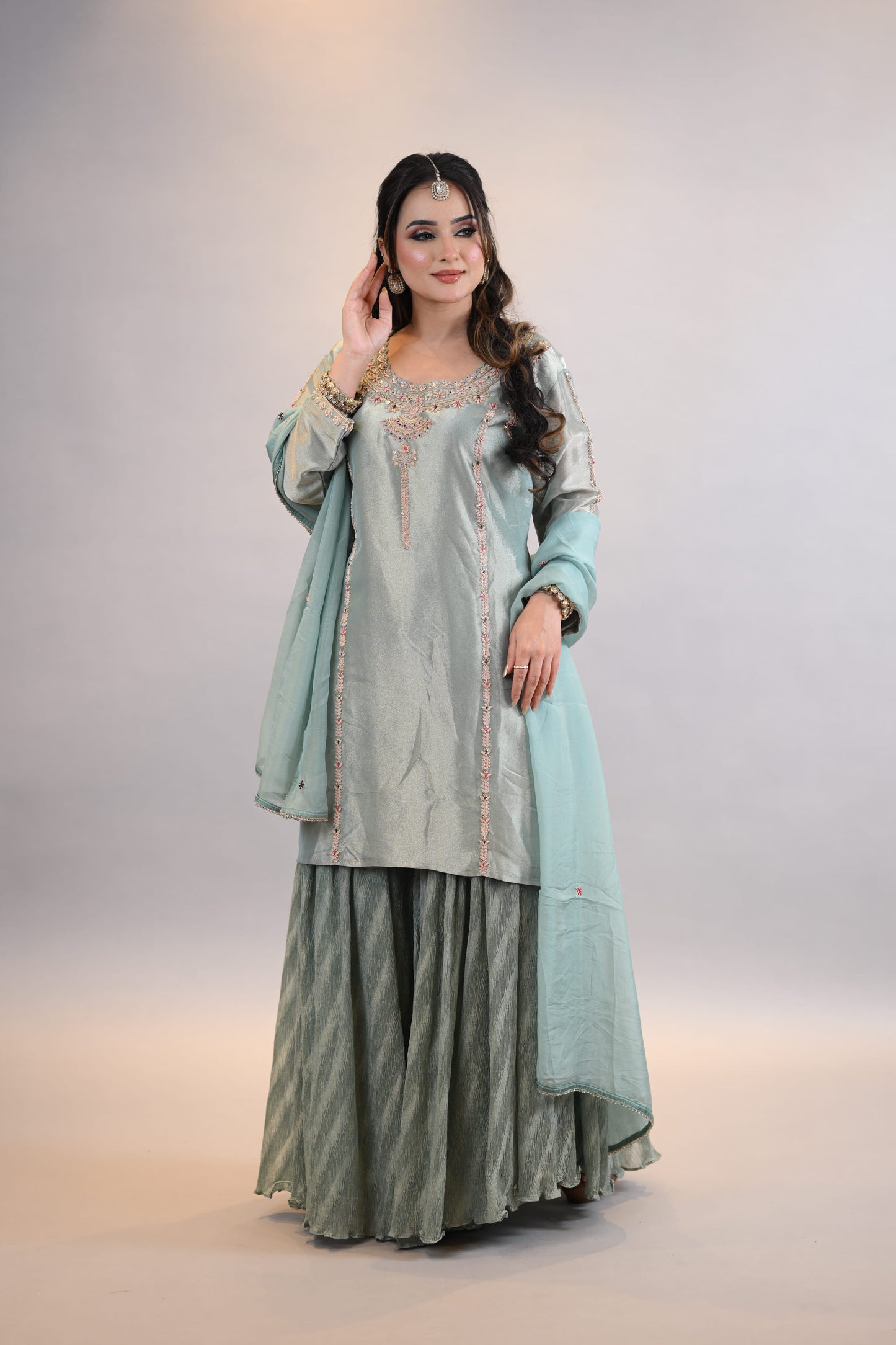 Sharara Suit : Sage Green Embroidered shirt  with Sharara & Dupatta