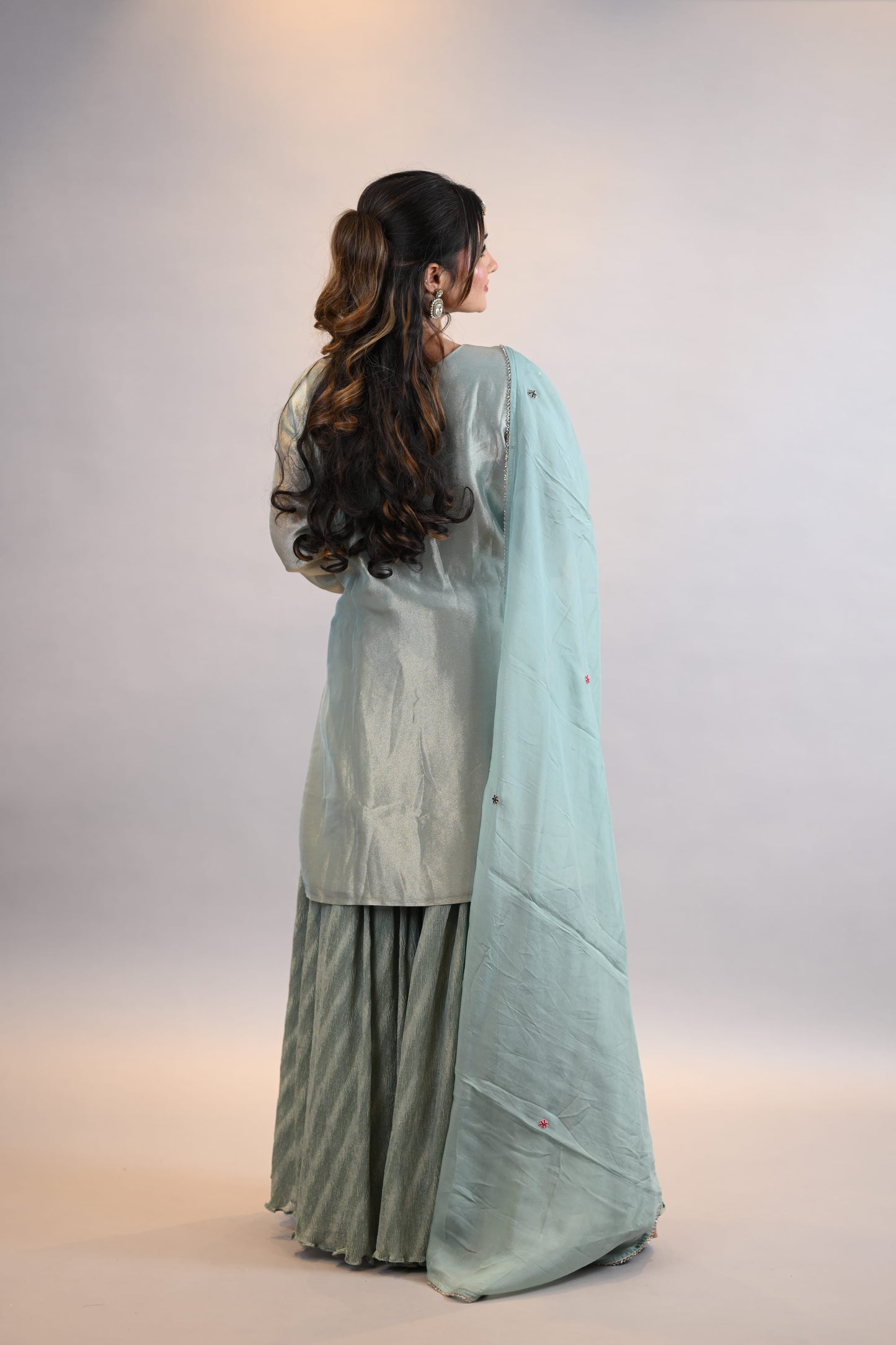Sharara Suit : Sage Green Embroidered shirt  with Sharara & Dupatta