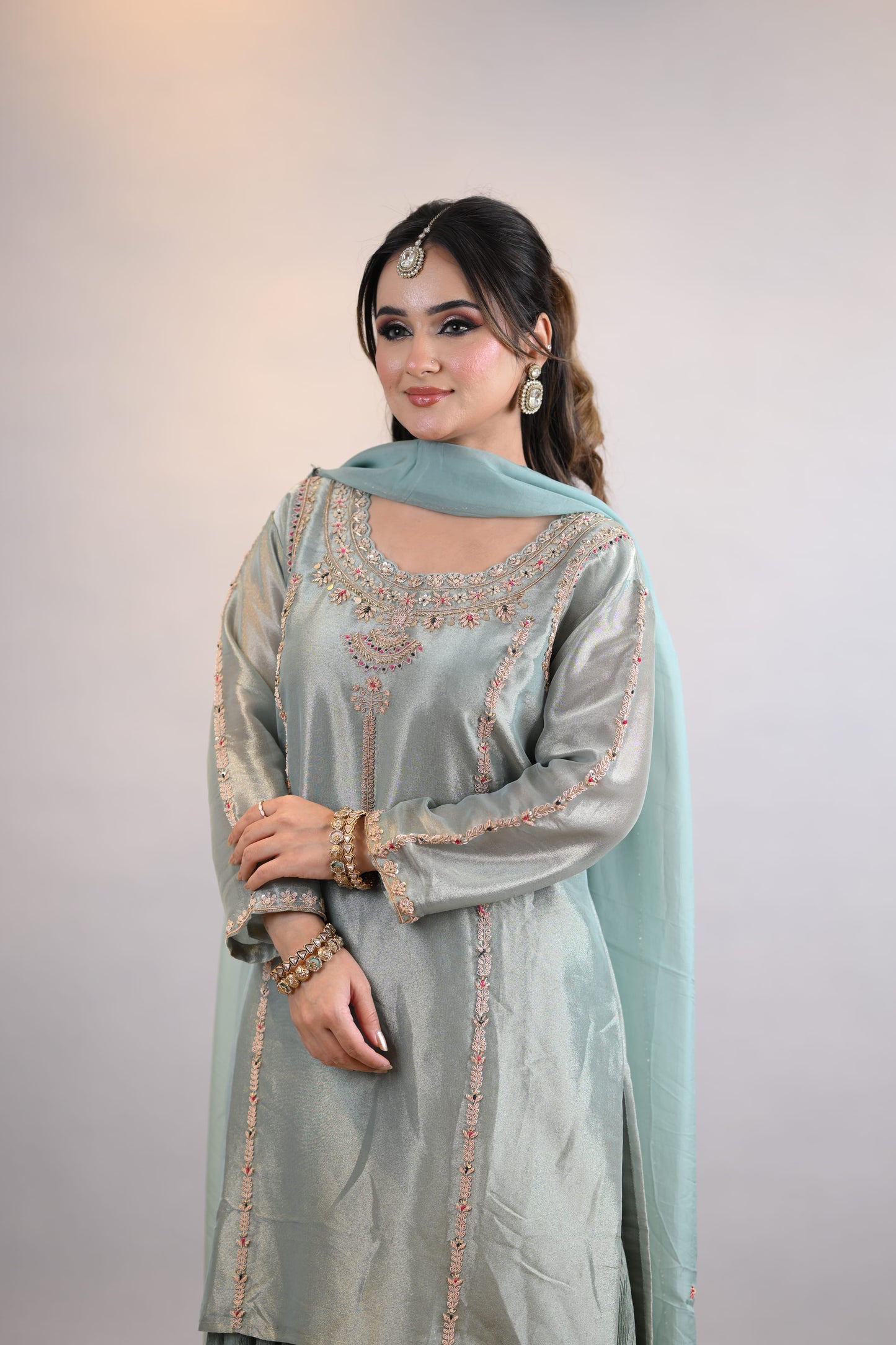 Sharara Suit : Sage Green Embroidered shirt  with Sharara & Dupatta