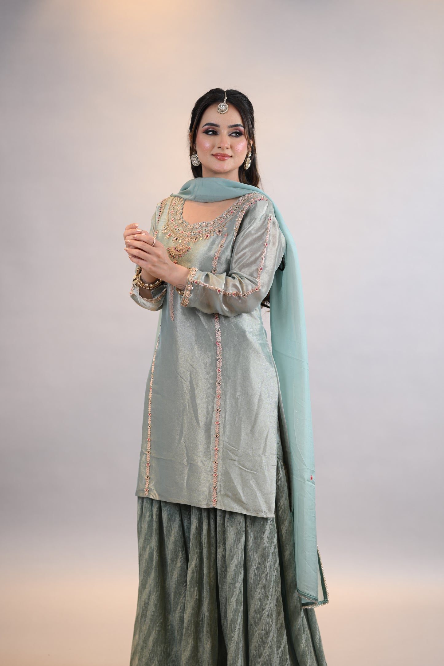 Sharara Suit : Sage Green Embroidered shirt  with Sharara & Dupatta