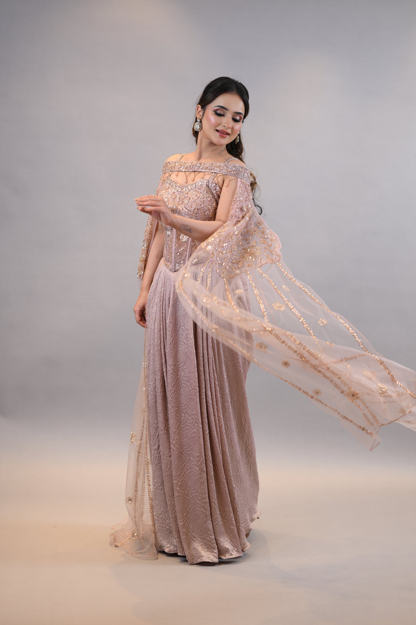 Designer Dress:- Blush Pink Structured Bodice Dress Flowing Cape