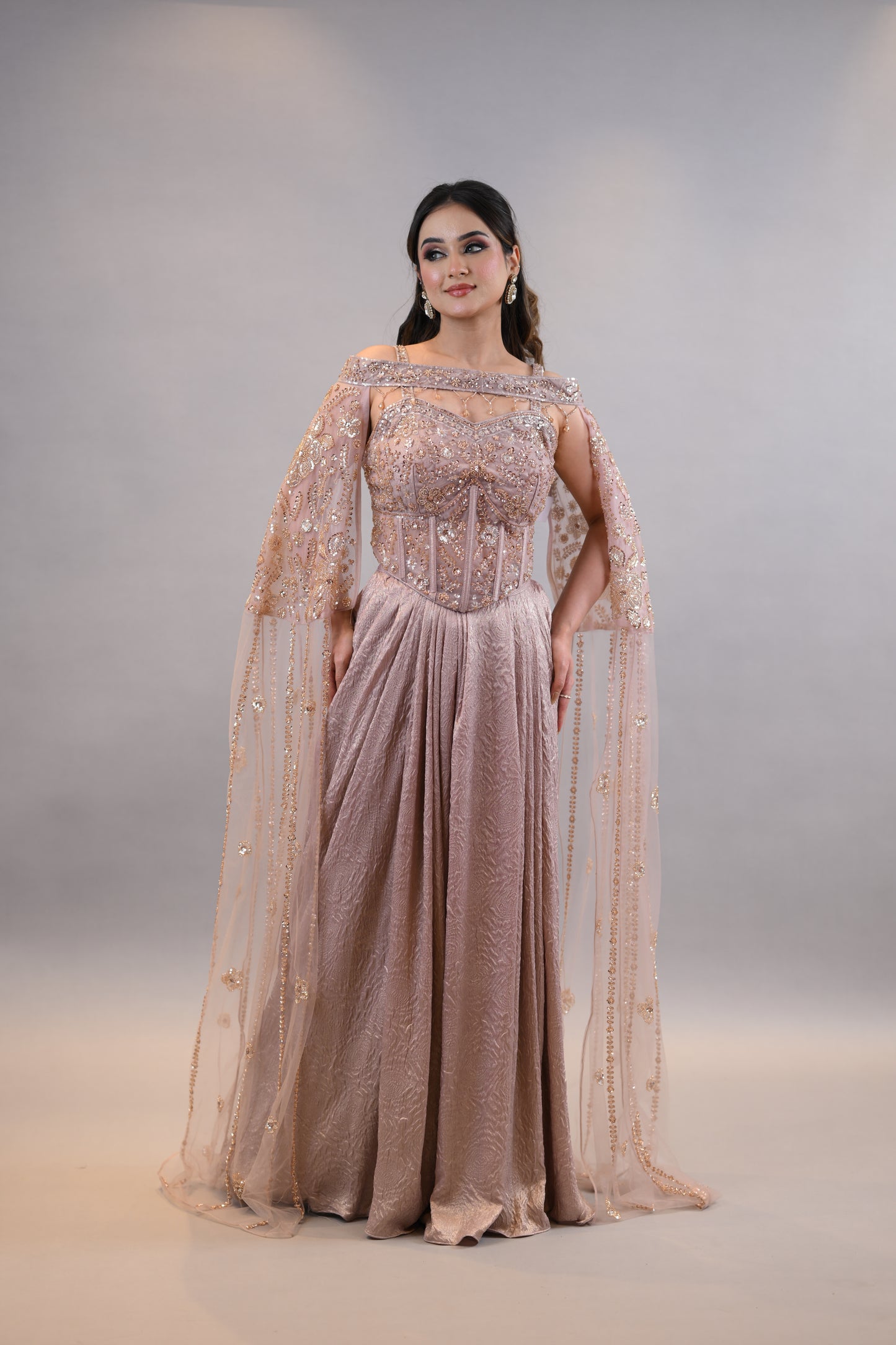 Designer Dress:- Blush Pink Structured Bodice Dress Flowing Cape