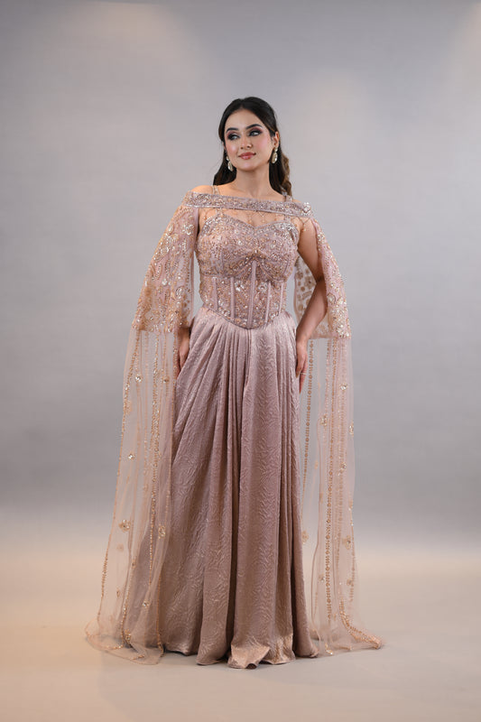 Designer Dress:- Blush Pink Structured Bodice Dress Flowing Cape