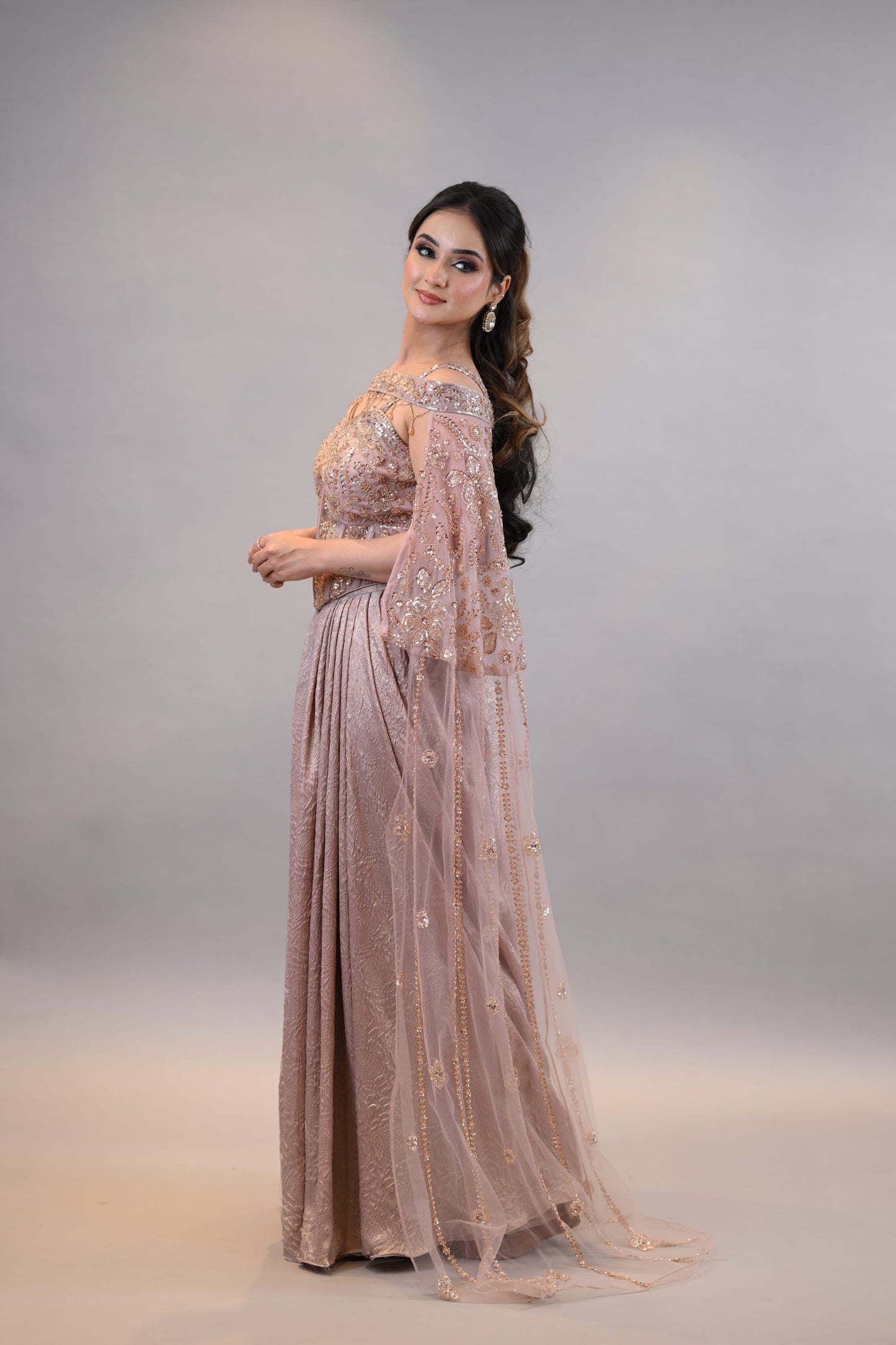 Designer Dress:- Blush Pink Structured Bodice Dress Flowing Cape