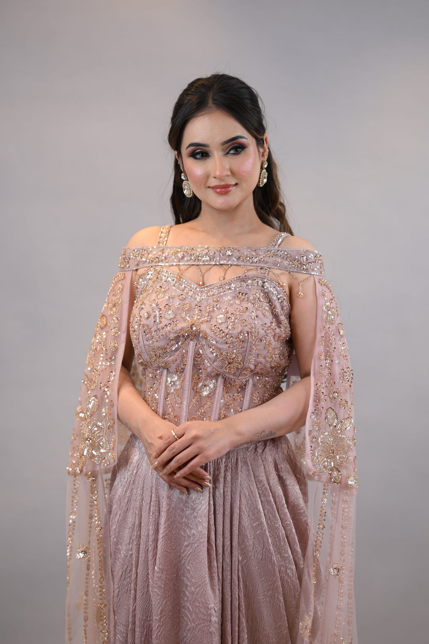 Designer Dress:- Blush Pink Structured Bodice Dress Flowing Cape