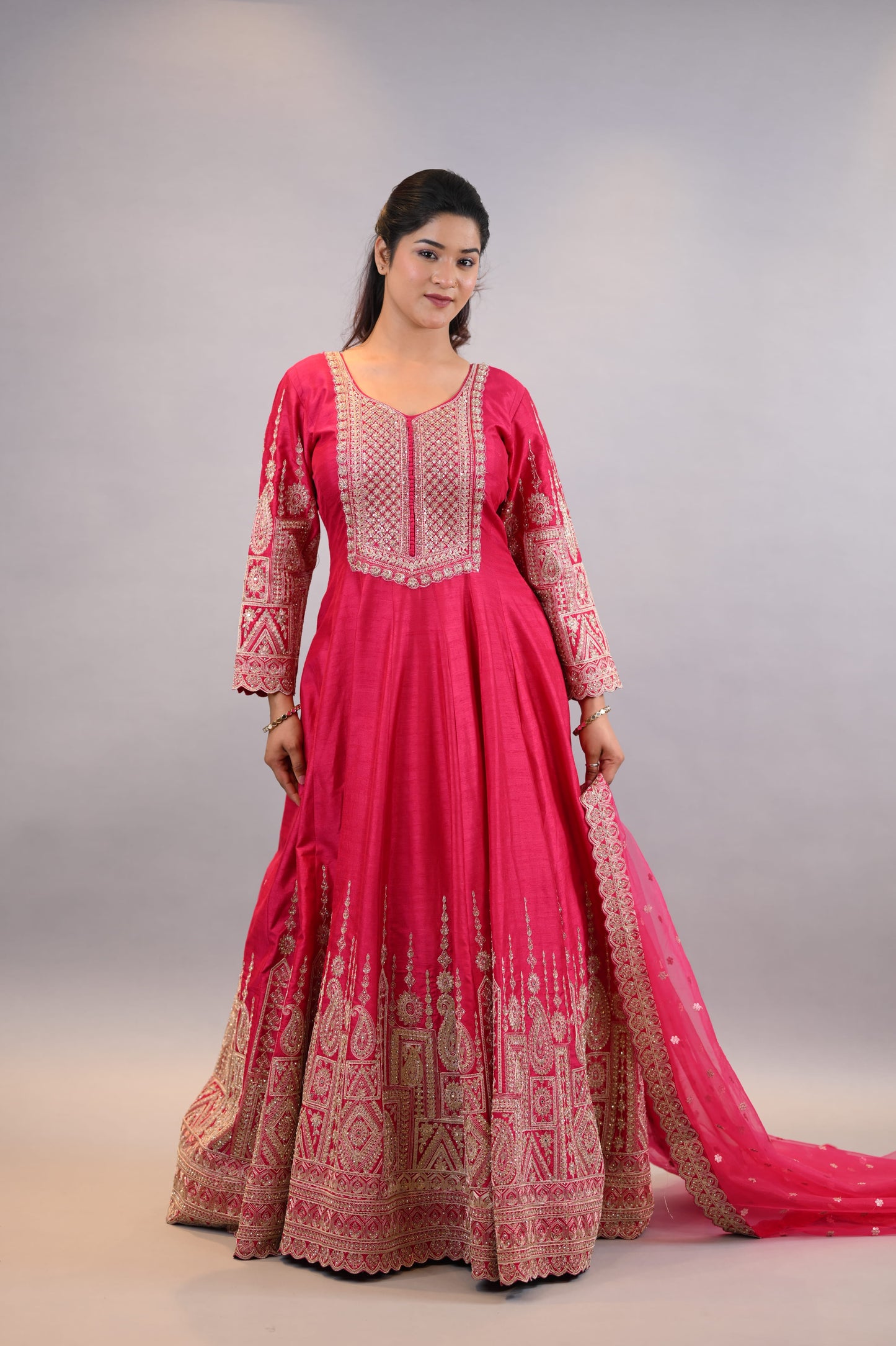 Anarkali Suit:-Traditional Pink Embellished Anarkali Dress with Dupatta