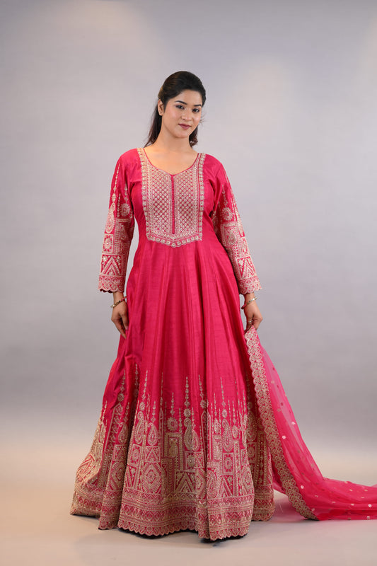 Anarkali Suit:-Traditional Pink Embellished Anarkali Dress with Dupatta