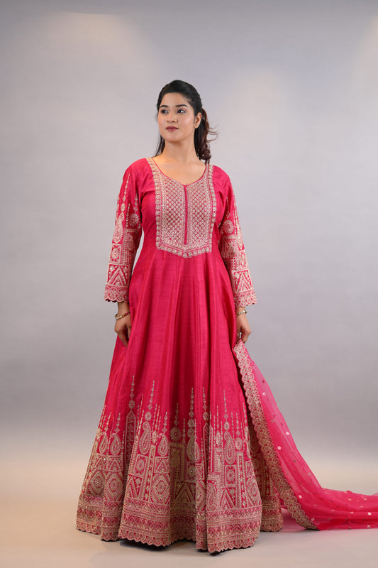 Anarkali Suit:-Traditional Pink Embellished Anarkali Dress with Dupatta