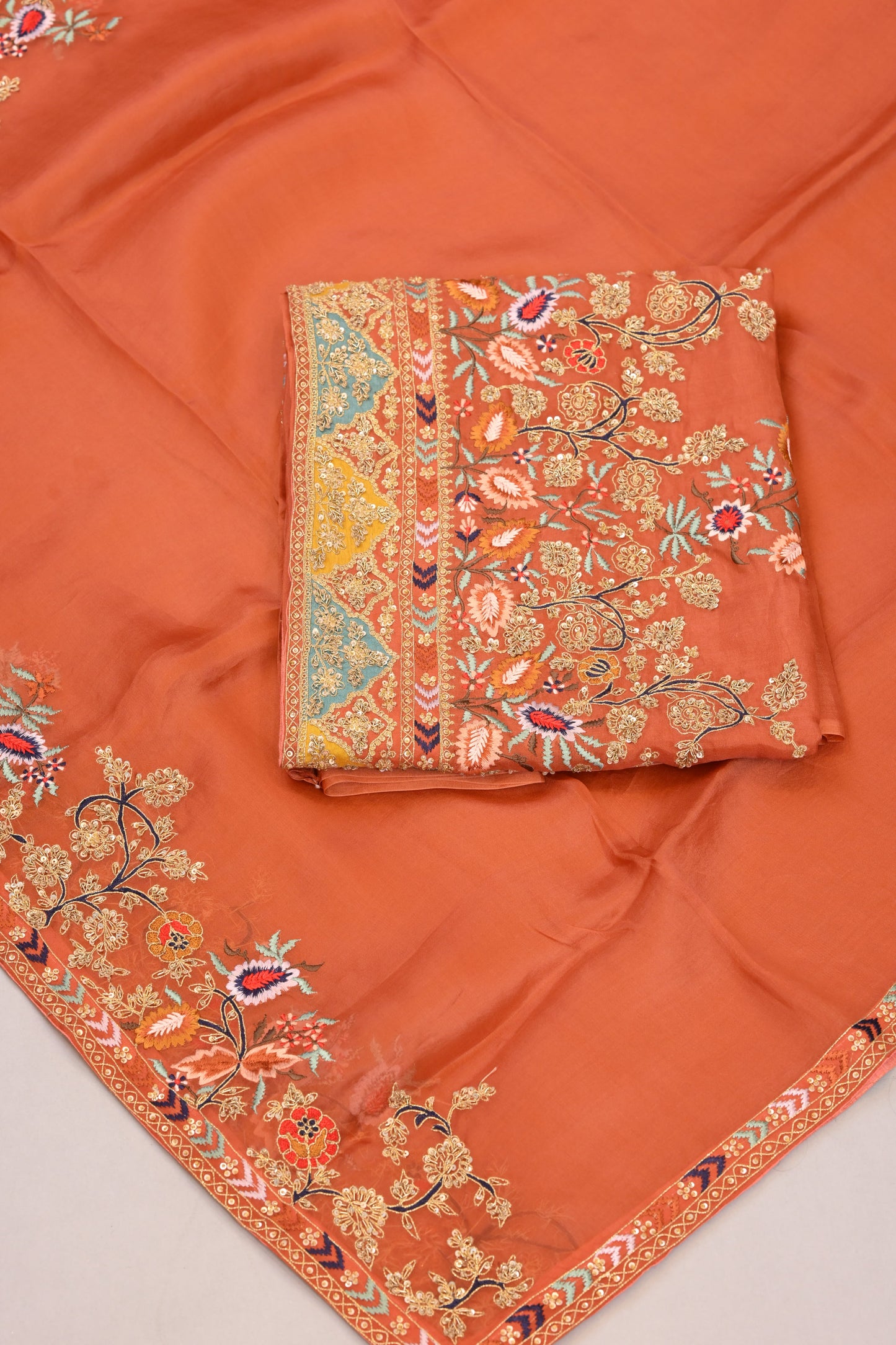Unstitched Suit Dupatta– Festive Embroidered Suit Material Set  (Rust & Mustard)