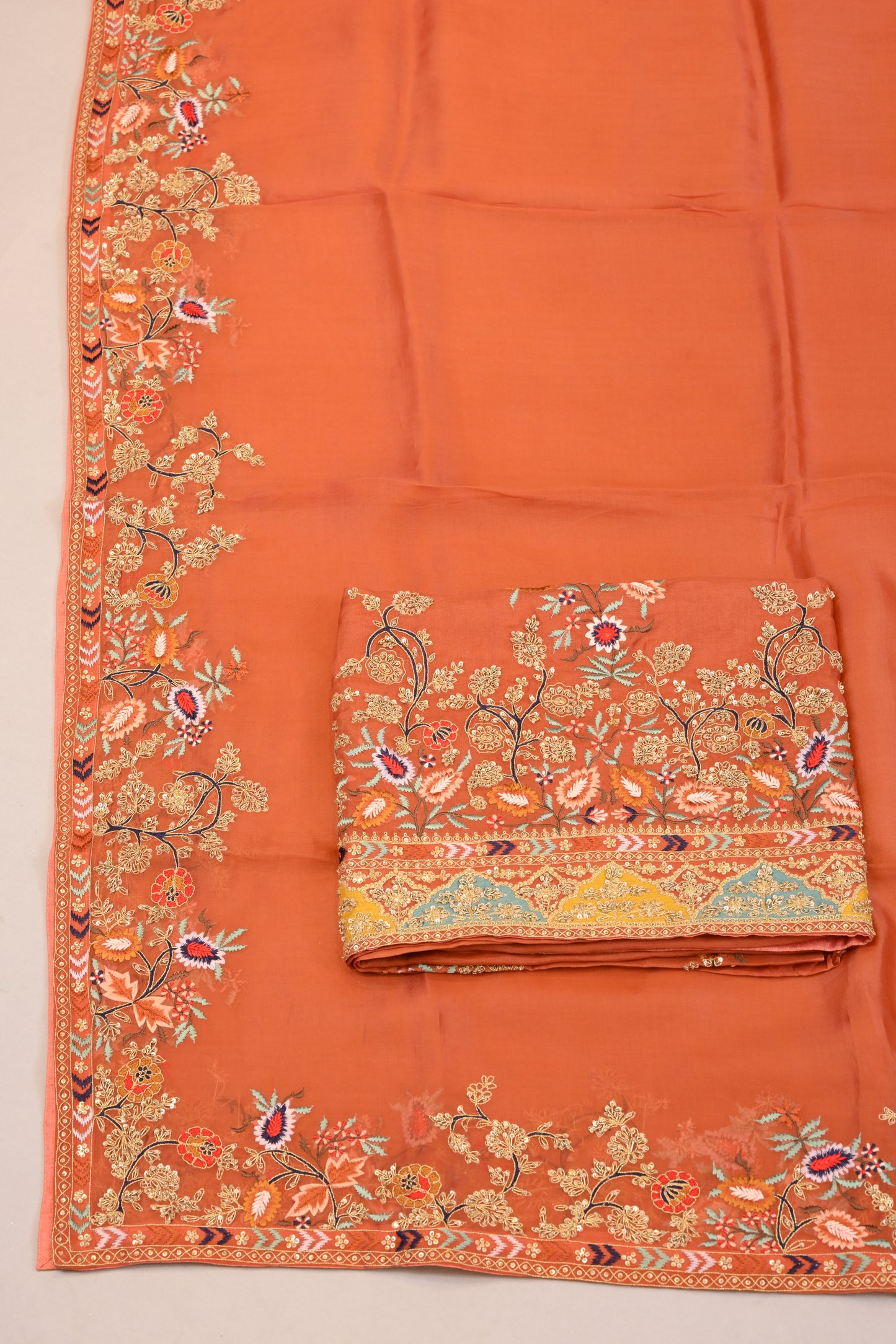 Unstitched Suit Dupatta– Festive Embroidered Suit Material Set  (Rust & Mustard)