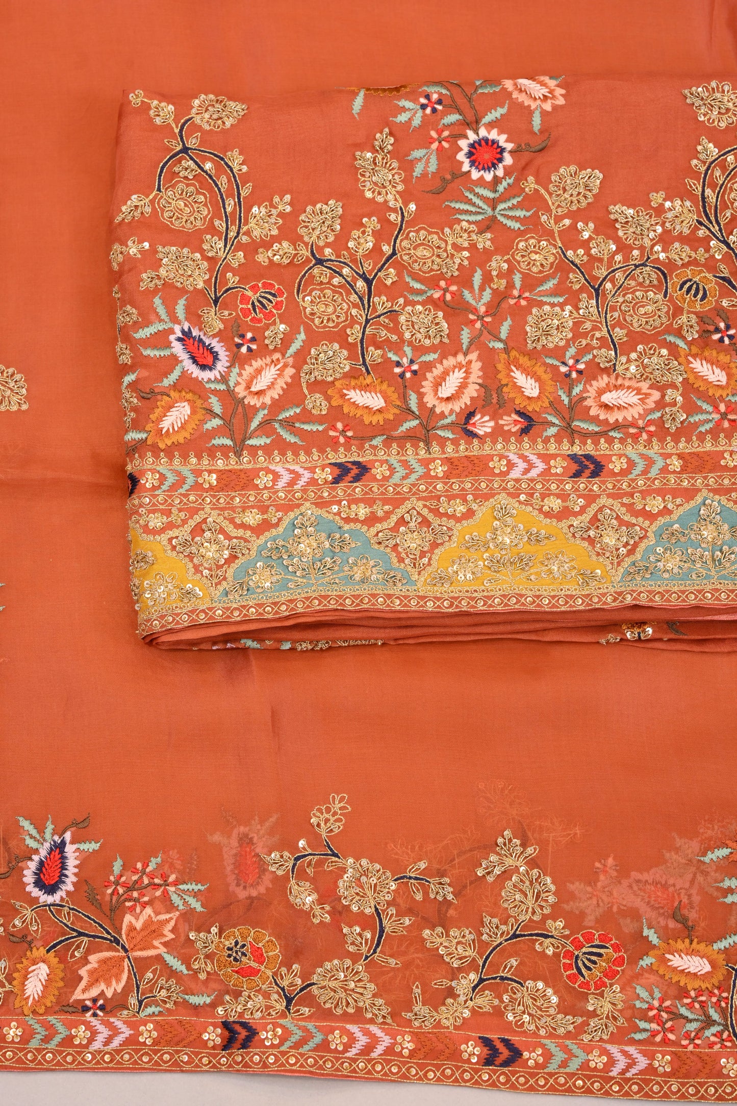 Unstitched Suit Dupatta– Festive Embroidered Suit Material Set  (Rust & Mustard)
