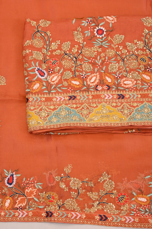 Unstitched Suit Dupatta– Festive Embroidered Suit Material Set  (Rust & Mustard)
