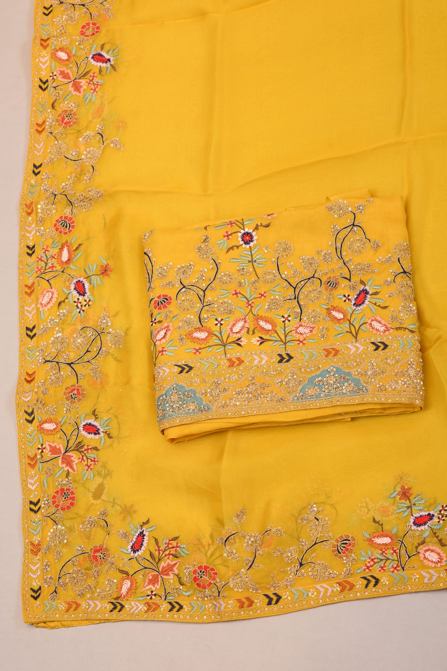 Unstitched Suit Dupatta– Festive Embroidered Suit Material Set  (Rust & Mustard)