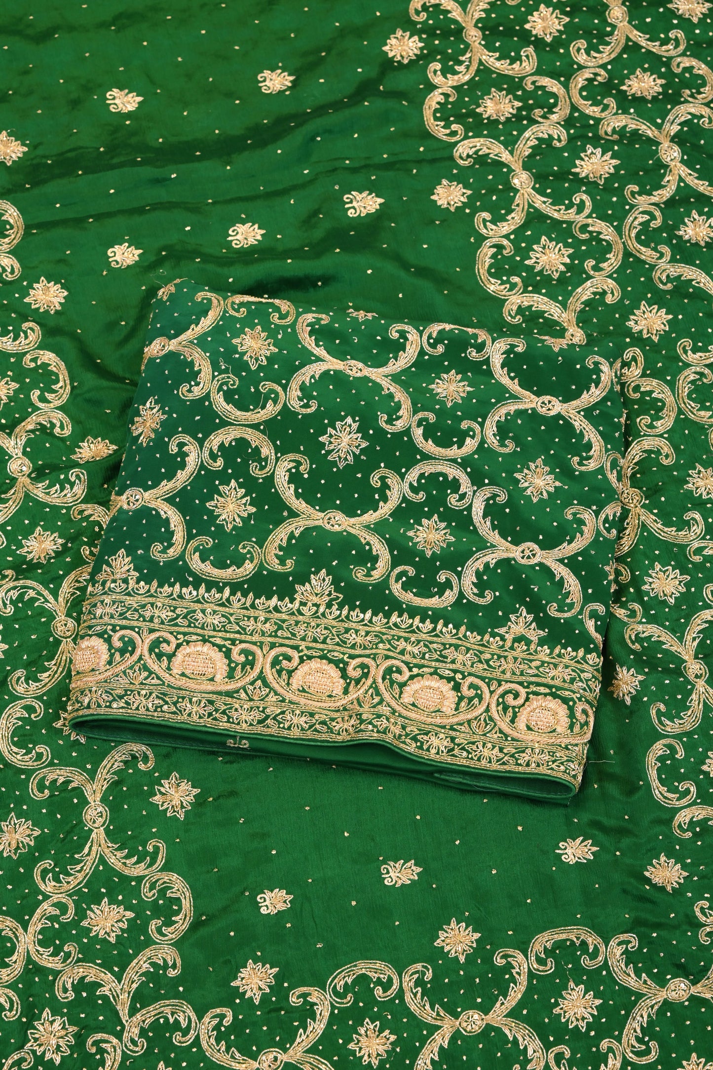 Unstitched Suit Dupatta Set – Green Zari Embroidered Designer Fabric