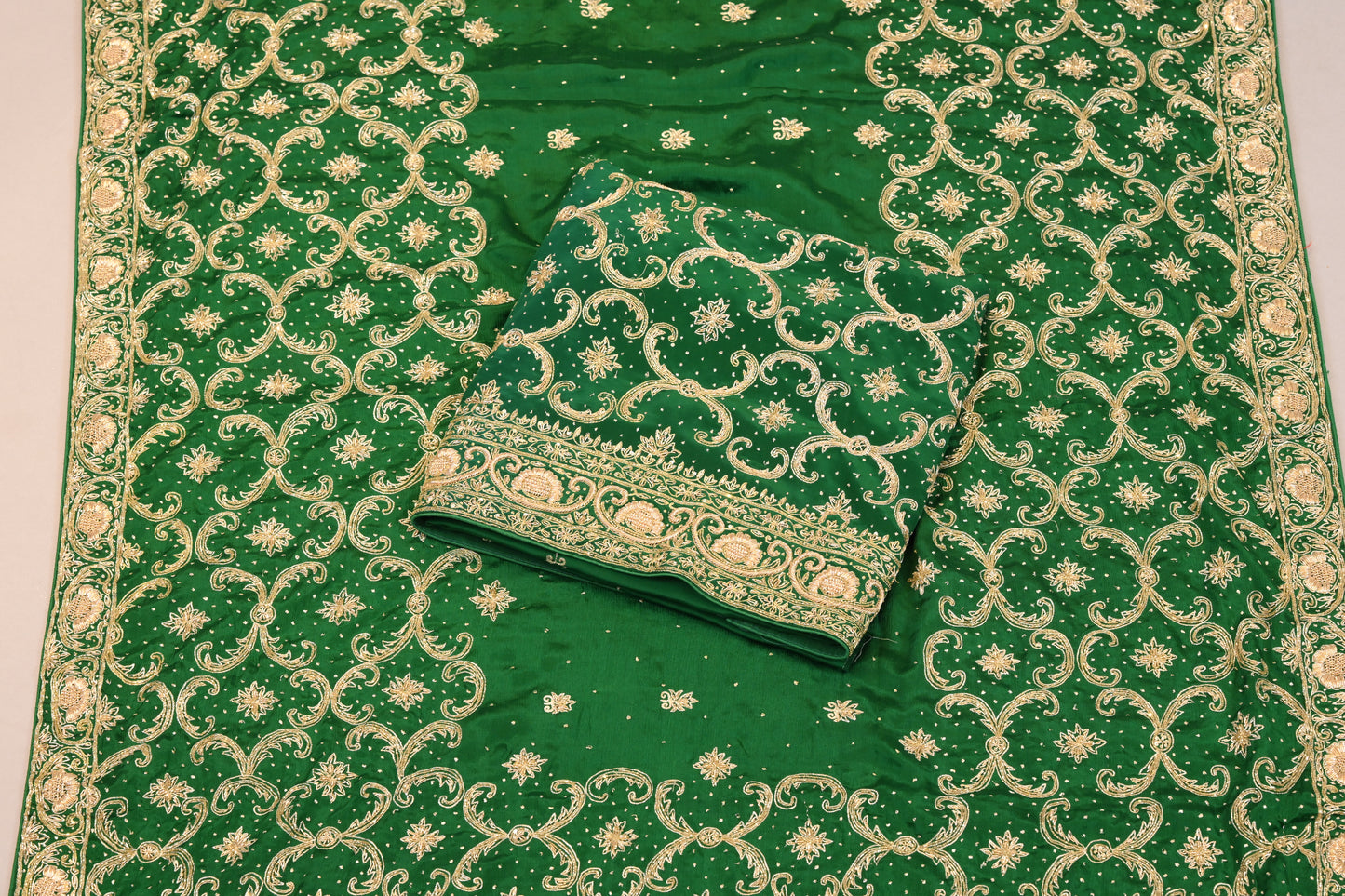 Unstitched Suit Dupatta Set – Green Zari Embroidered Designer Fabric