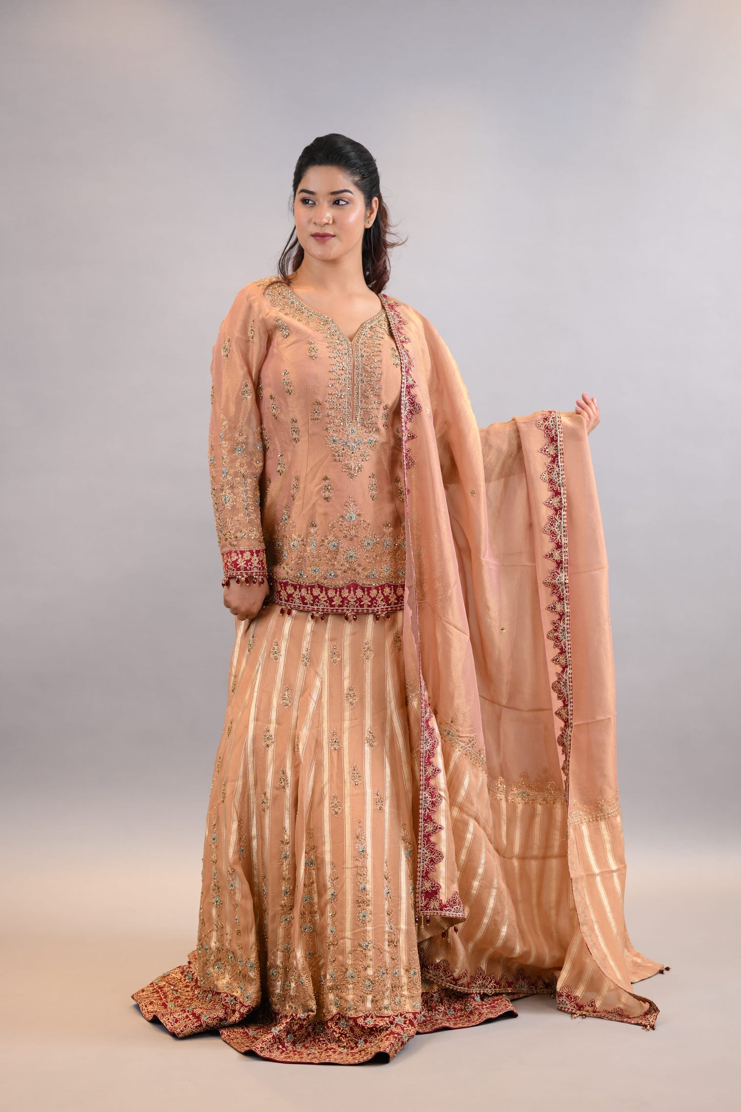 Lehenga  Set  Soft Peach Traditional Embroidered Straight Shirt with Dupatta