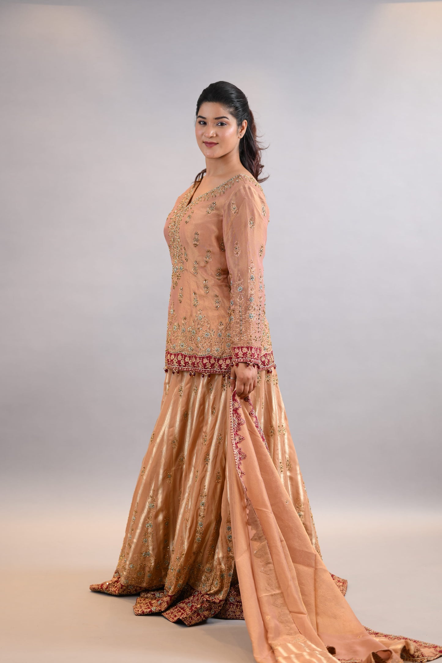 Lehenga  Set  Soft Peach Traditional Embroidered Straight Shirt with Dupatta