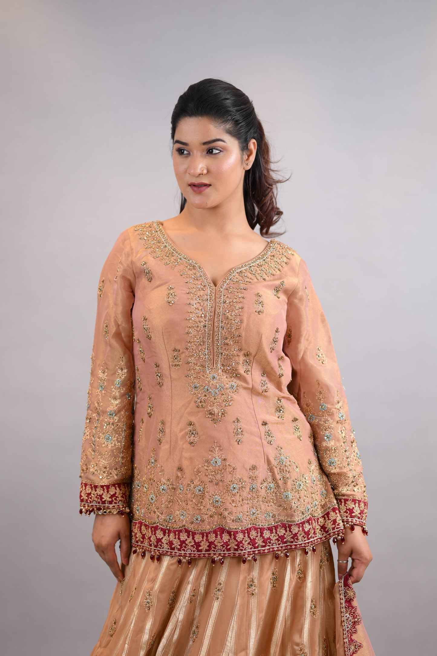 Lehenga  Set  Soft Peach Traditional Embroidered Straight Shirt with Dupatta