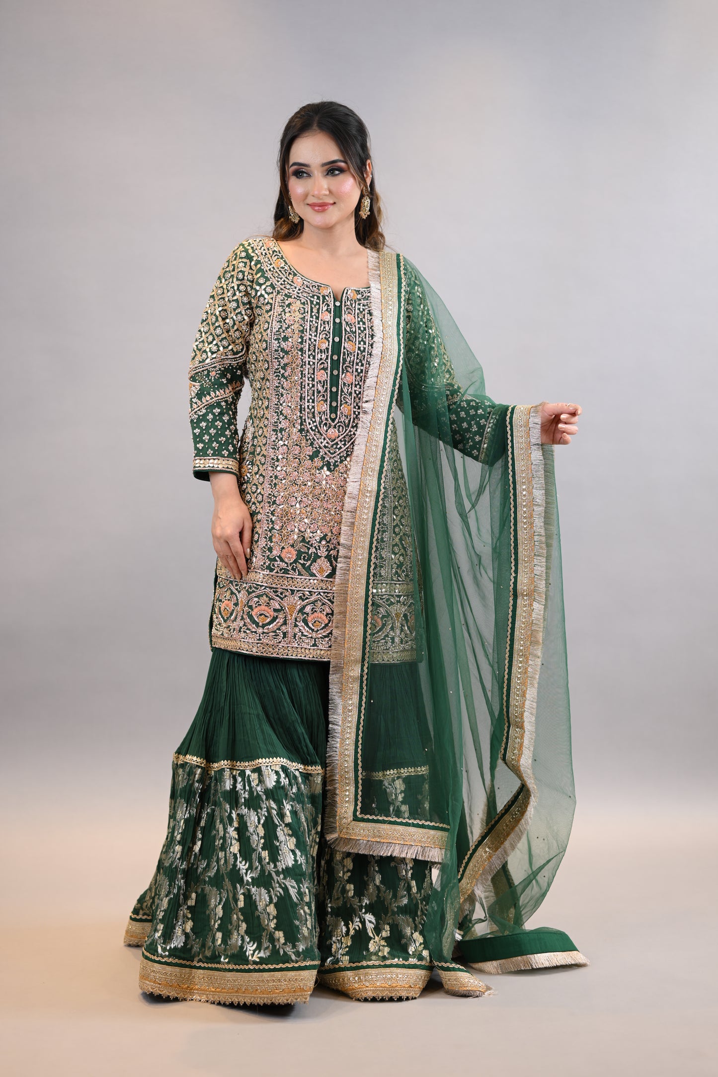 Gharara Suit: Designer Emerald Green Occasion Wear with Dupatta