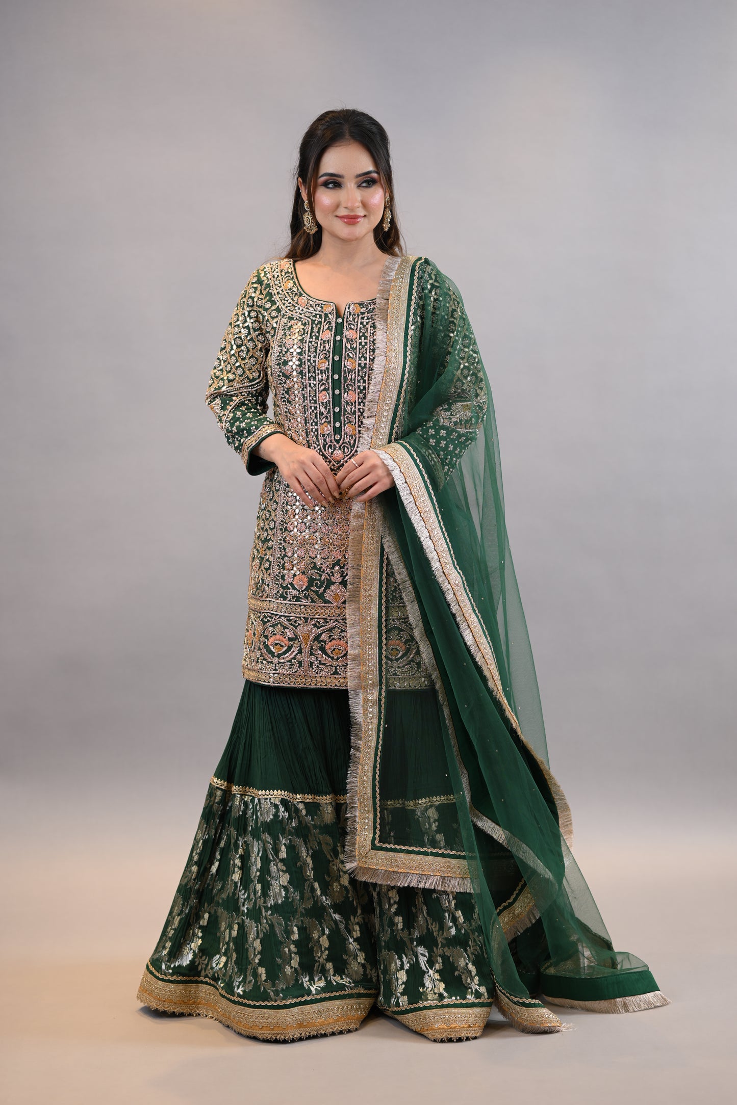 Gharara Suit: Designer Emerald Green Occasion Wear with Dupatta