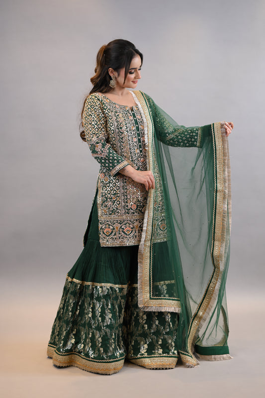 Gharara Suit: Designer Emerald Green Occasion Wear with Dupatta