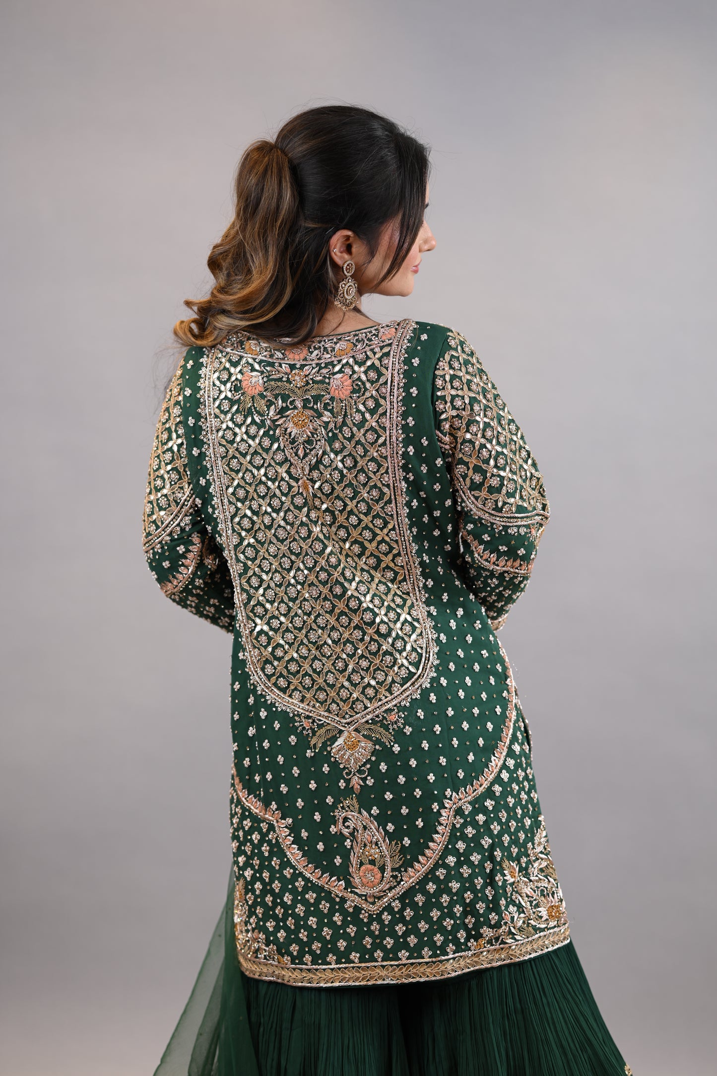 Gharara Suit: Designer Emerald Green Occasion Wear with Dupatta