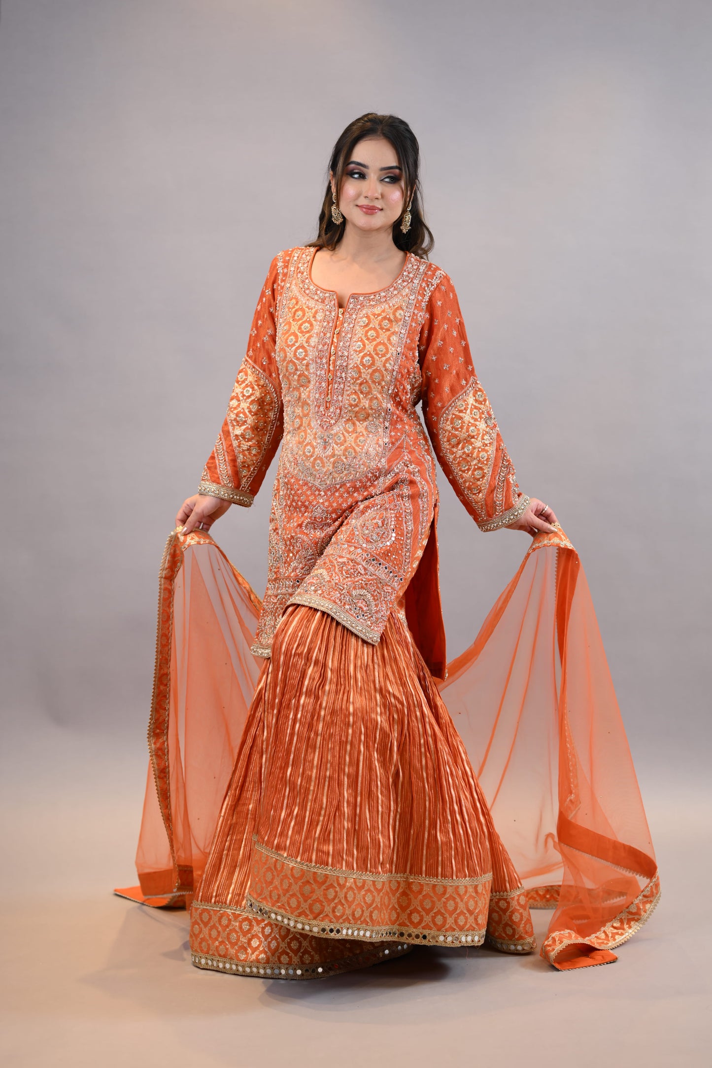 Gharara Suit- Orange Embroidered Festive Shirt  with Dupatta