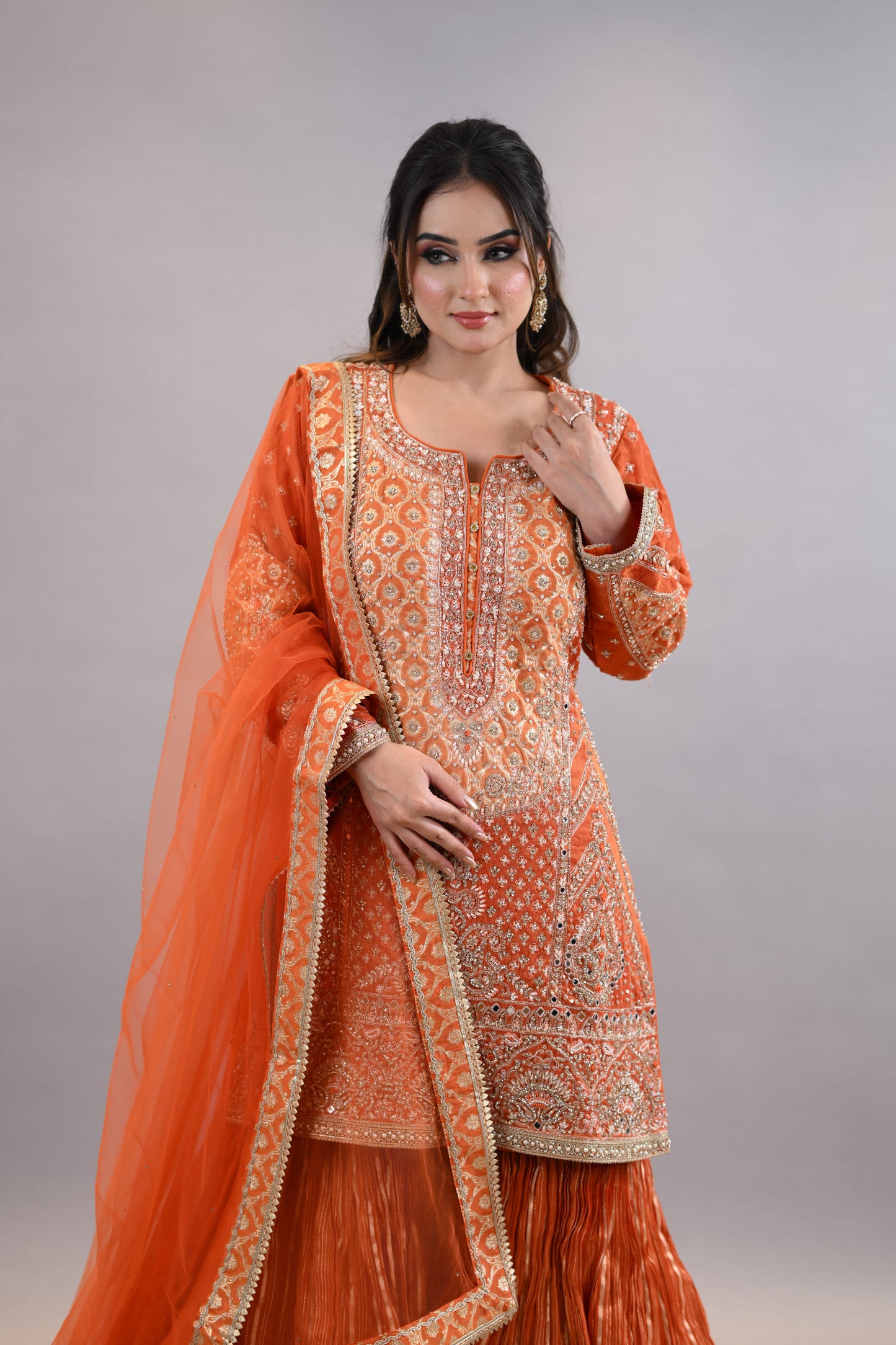 Gharara Suit- Orange Embroidered Festive Shirt  with Dupatta