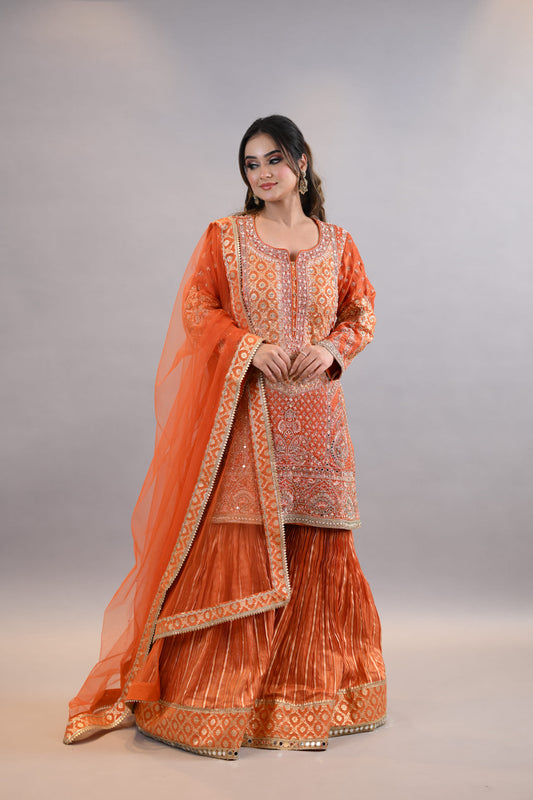 Gharara Suit- Orange Embroidered Festive Shirt  with Dupatta