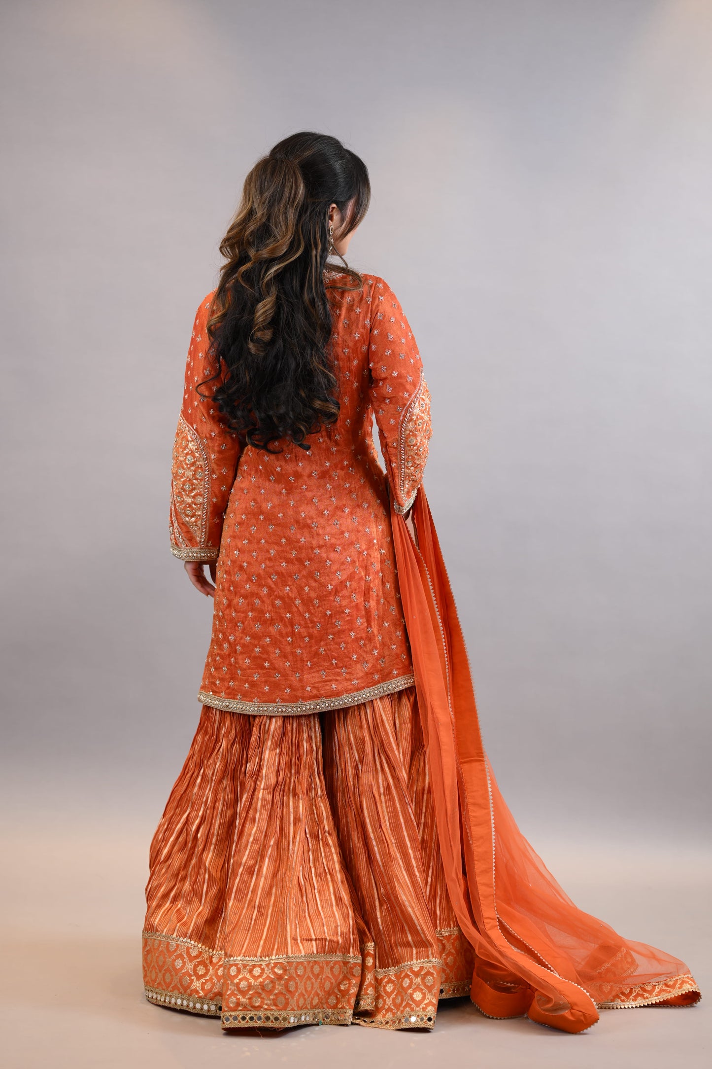 Gharara Suit- Orange Embroidered Festive Shirt  with Dupatta