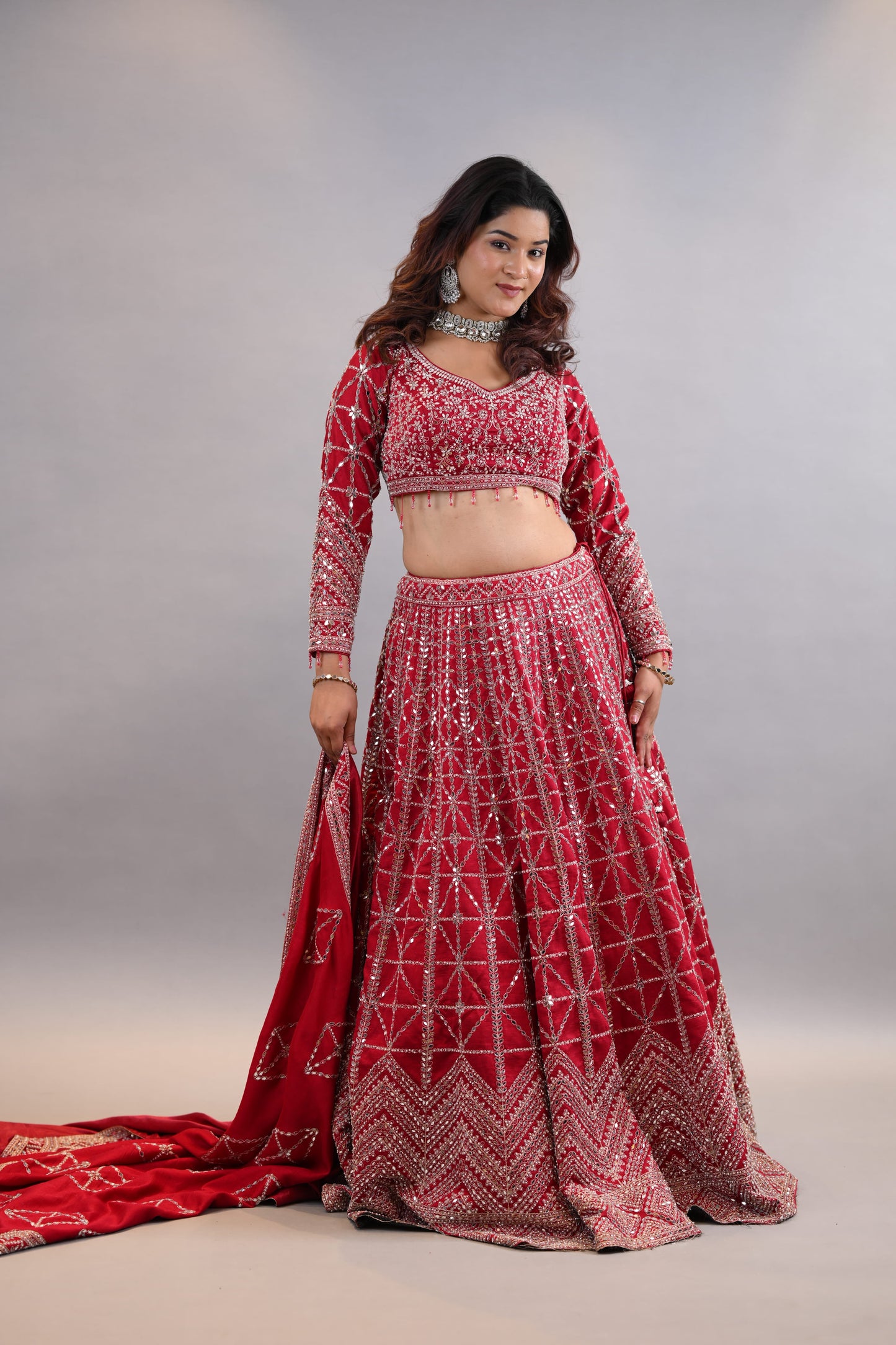 Lehenga Set –Coral Red Intricately Embroidered Designer Lehenga with Blouse & Dupatta
