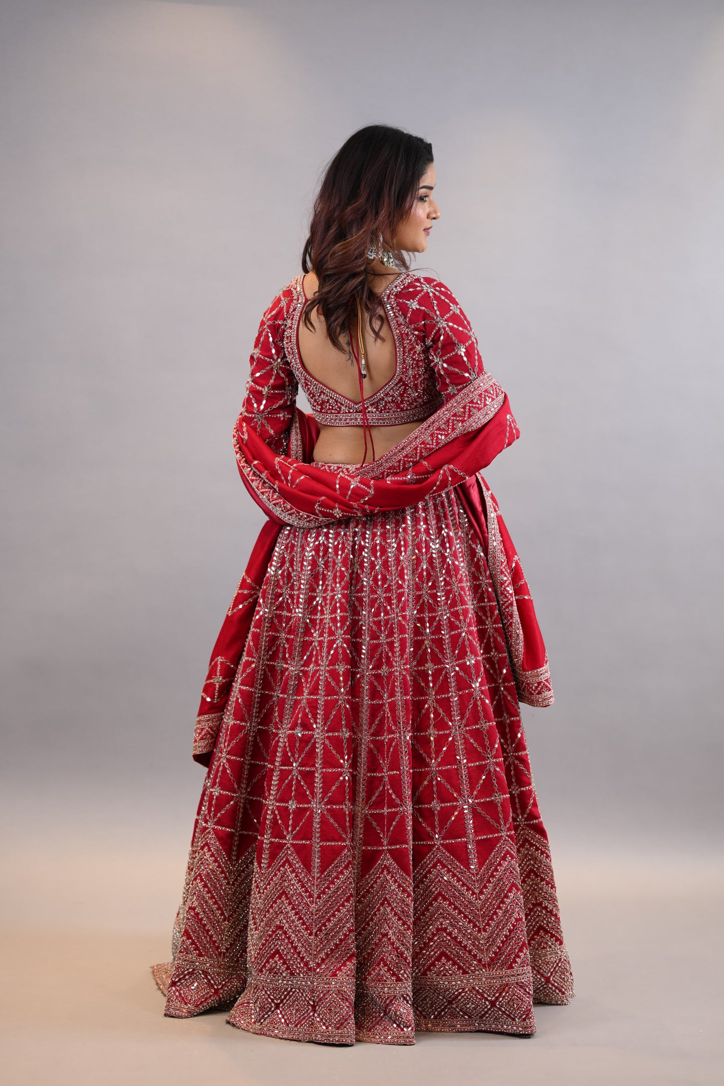 Lehenga Set –Coral Red Intricately Embroidered Designer Lehenga with Blouse & Dupatta