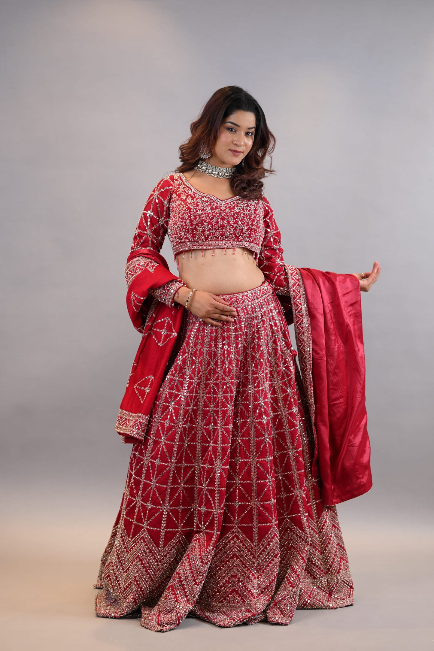 Lehenga Set –Coral Red Intricately Embroidered Designer Lehenga with Blouse & Dupatta