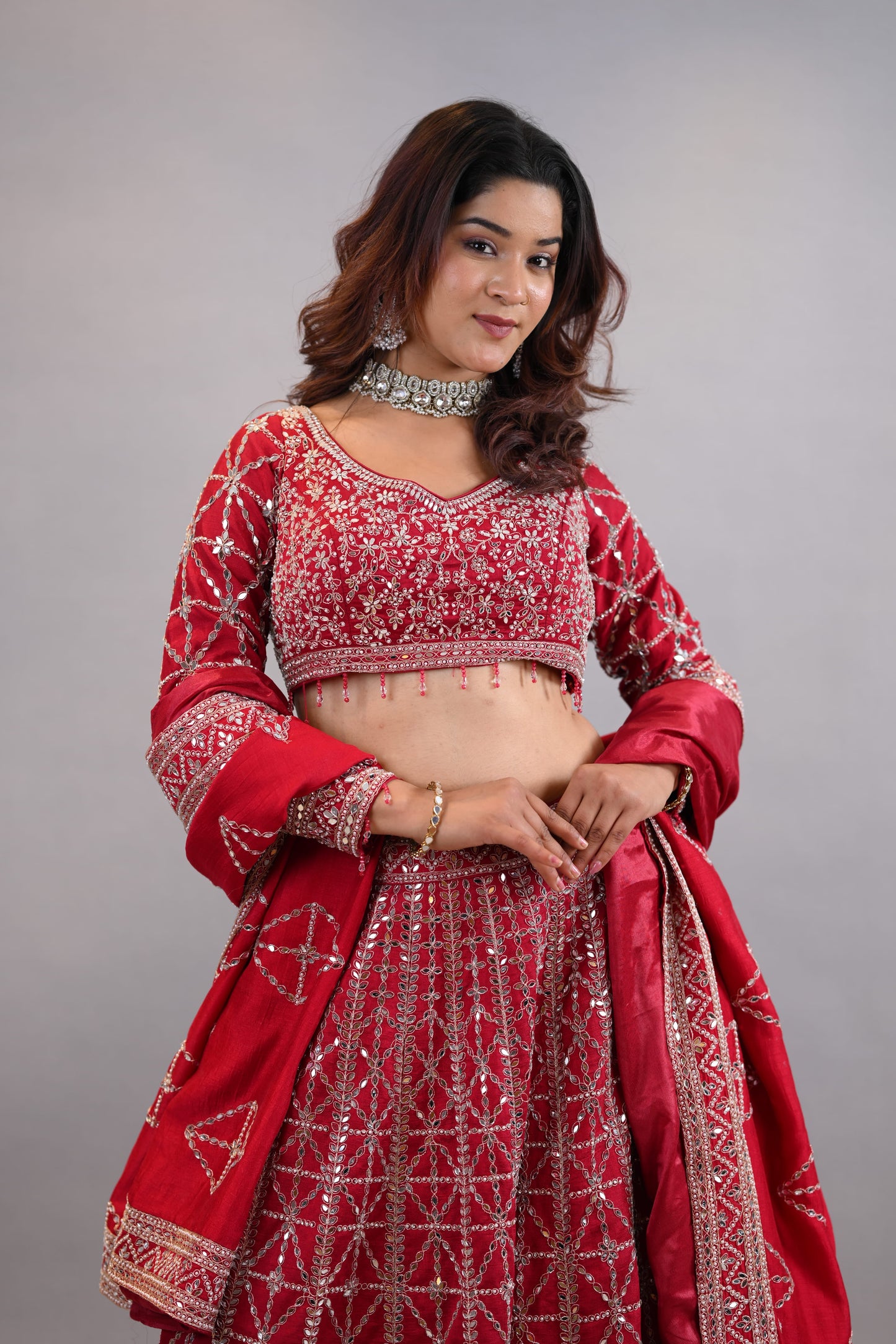 Lehenga Set –Coral Red Intricately Embroidered Designer Lehenga with Blouse & Dupatta