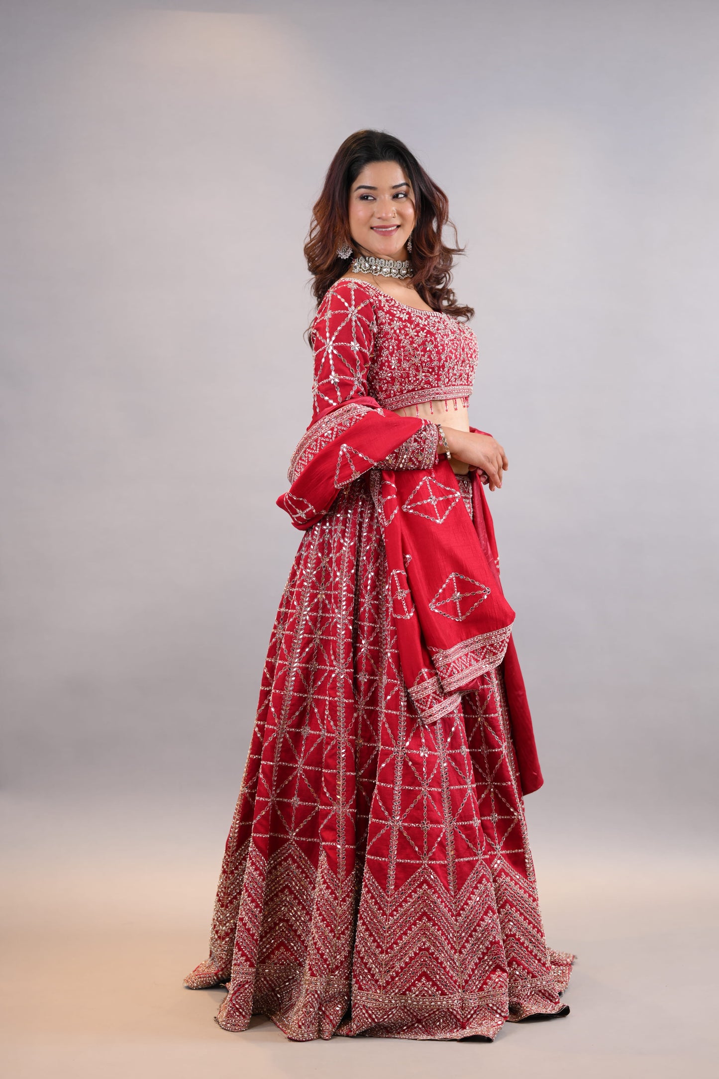 Lehenga Set –Coral Red Intricately Embroidered Designer Lehenga with Blouse & Dupatta