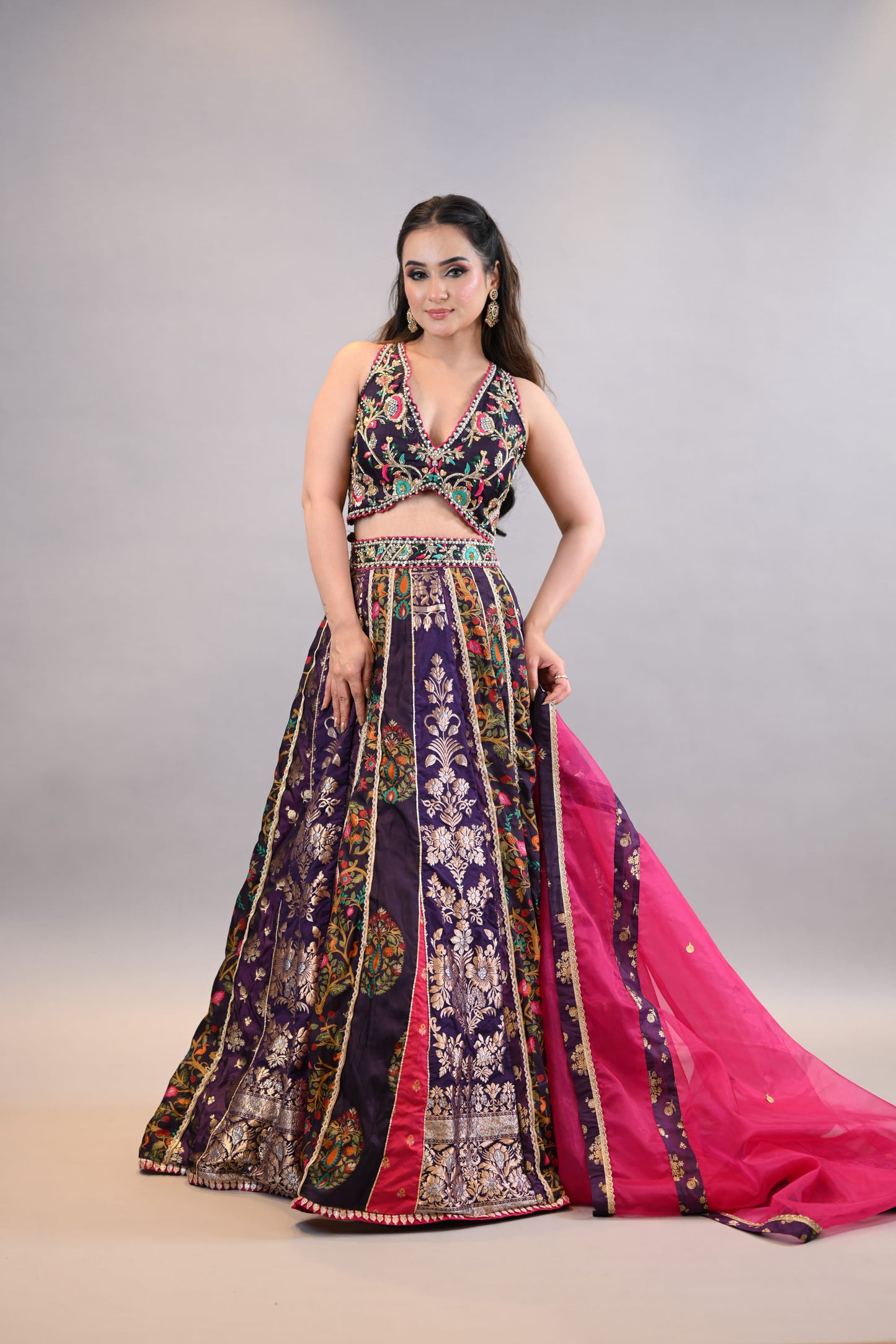 Purple & Pink Floral Embellished Festive Lehenga Choli with Contrast Dupatta