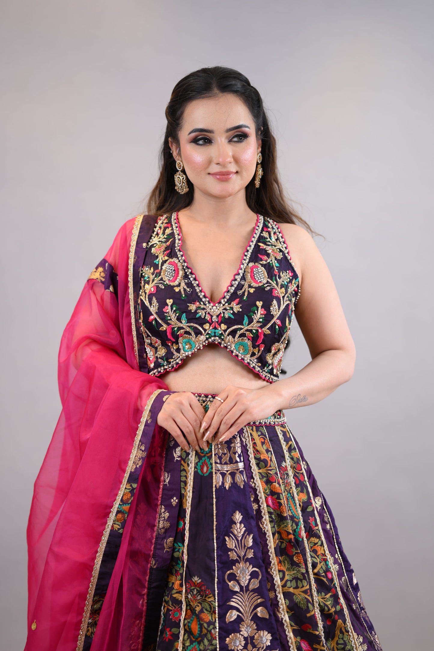 Purple & Pink Floral Embellished Festive Lehenga Choli with Contrast Dupatta