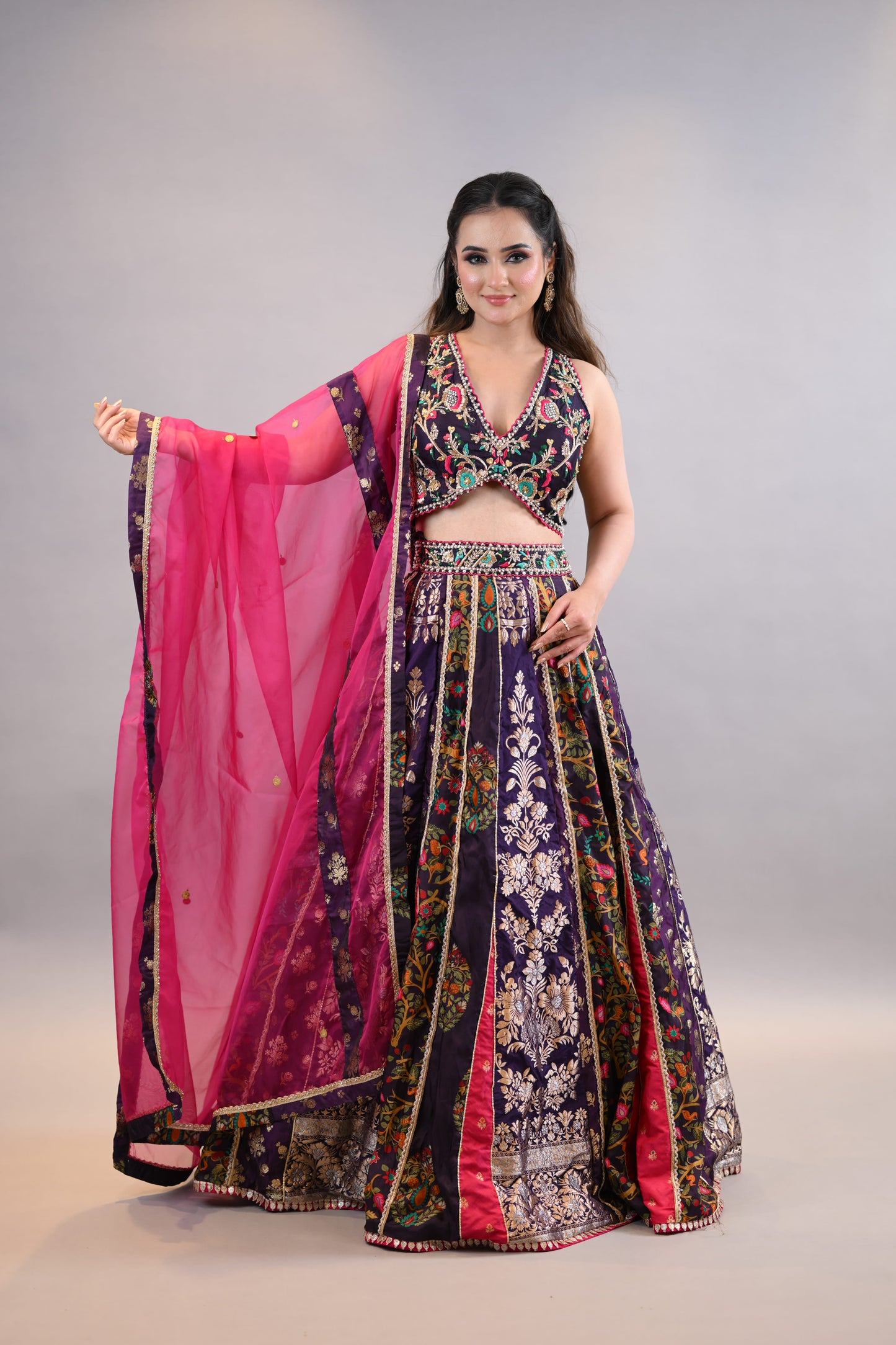 Purple & Pink Floral Embellished Festive Lehenga Choli with Contrast Dupatta