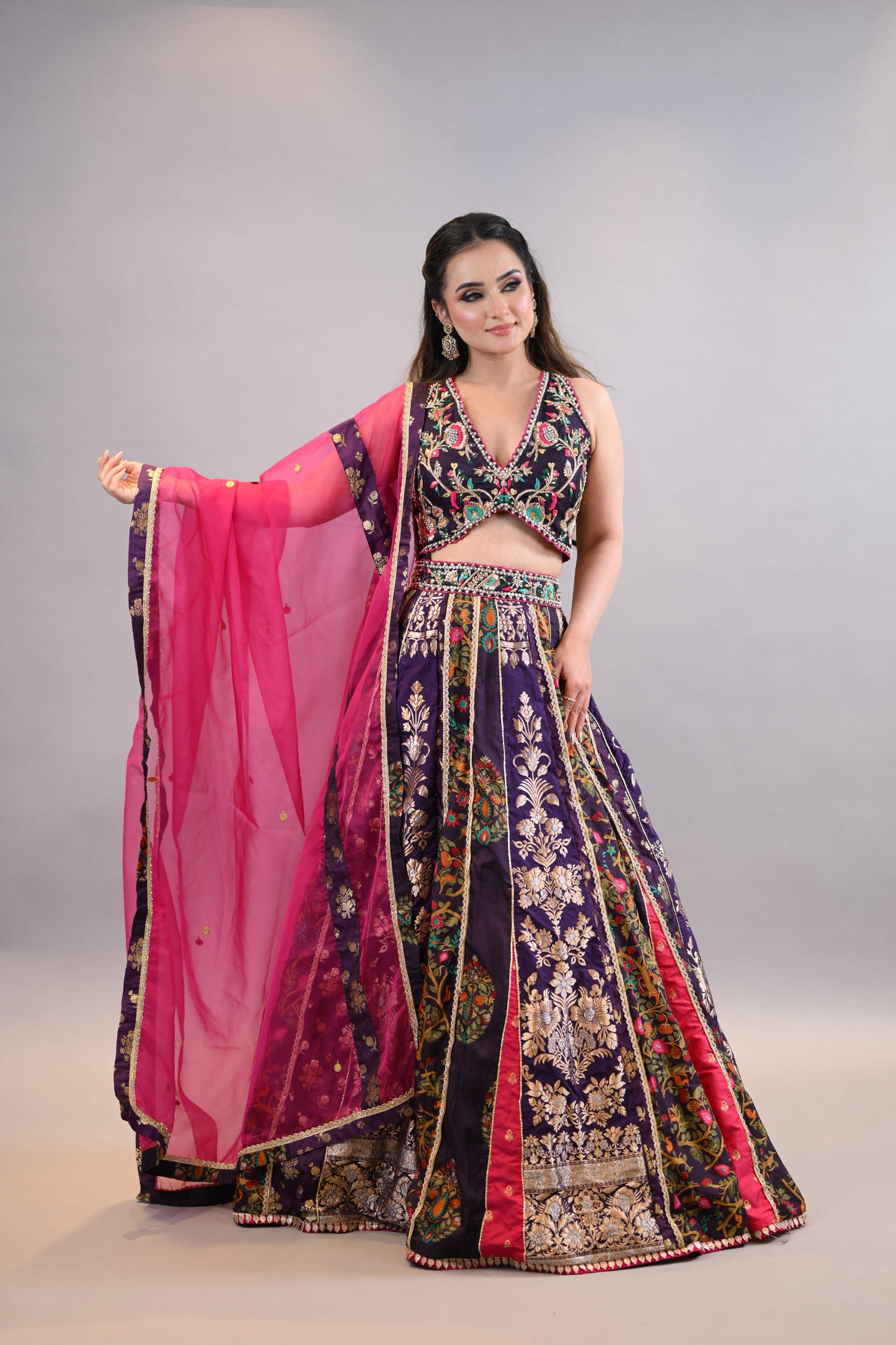 Purple & Pink Floral Embellished Festive Lehenga Choli with Contrast Dupatta