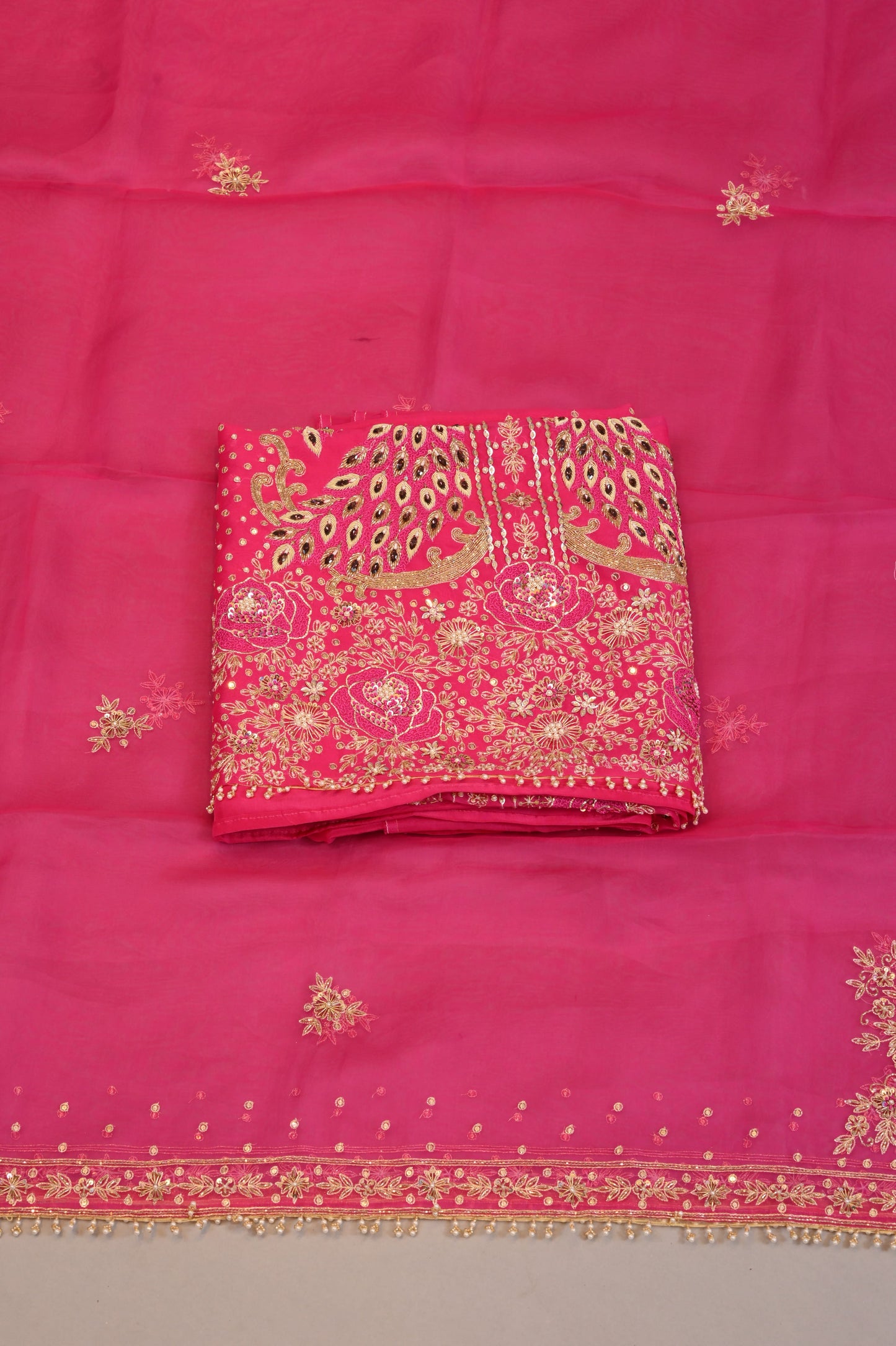 Rani Pink Suit dupatta  Peacock Motif Embroidered Dress Material